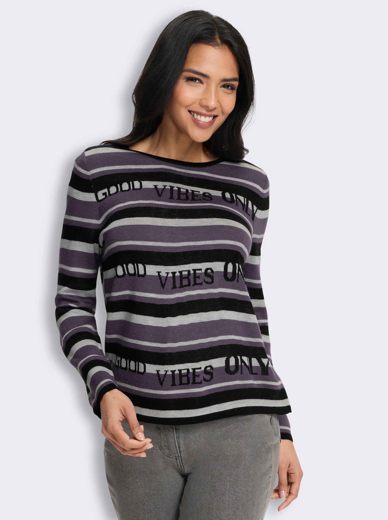 Jacquard-Pullover mit Streifen und Schriftzug - schwarz-feige-gemustert