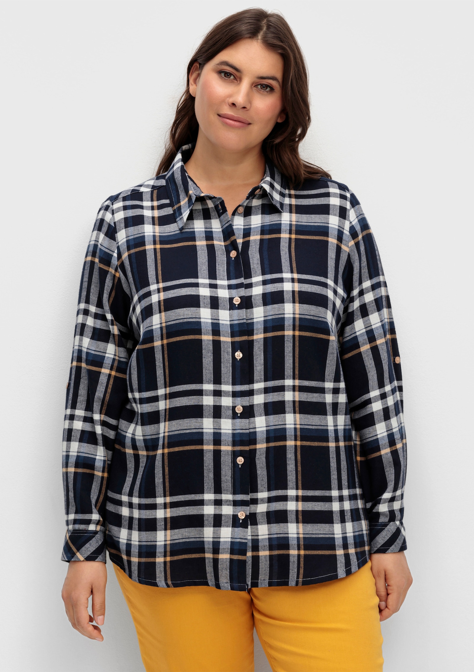 Flanellbluse mit krempelbaren Ärmeln - marine-camel-kariert