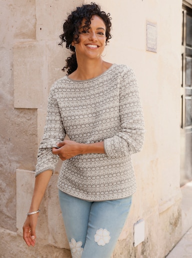 Pullover mit gebogten Abschlüssen - sesam-ecru-gemustert