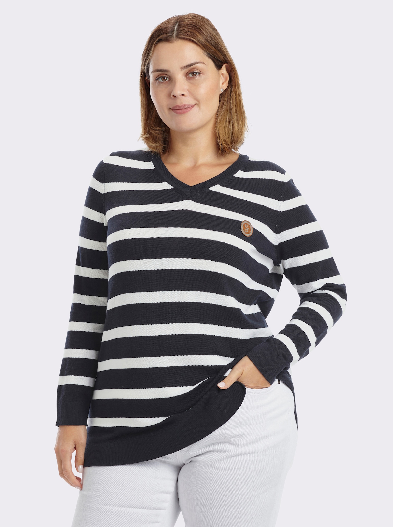 sheego Streifenpullover mit V-Ausschnitt - tiefblau-weiß-geringelt