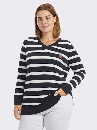 sheego Gestreepte pullover met V-hals - diepblauw/wit gestreept