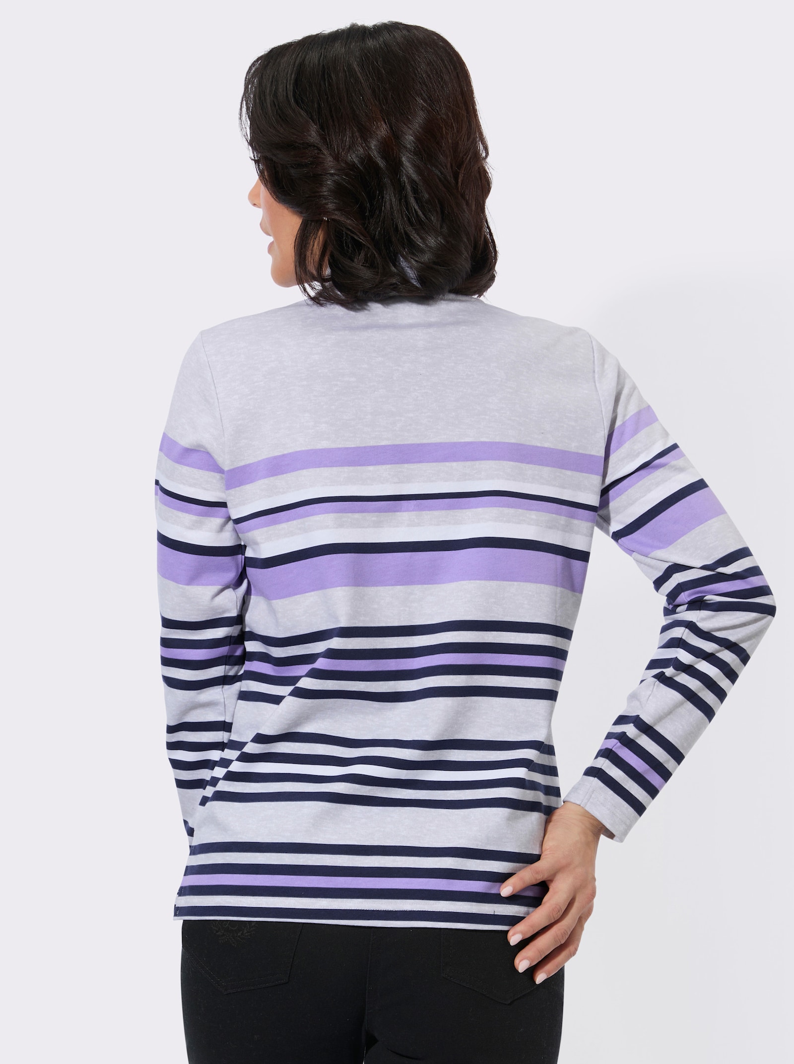 Poloshirt mit platziertem Ringelmuster - hellgrau-lavendel-geringelt