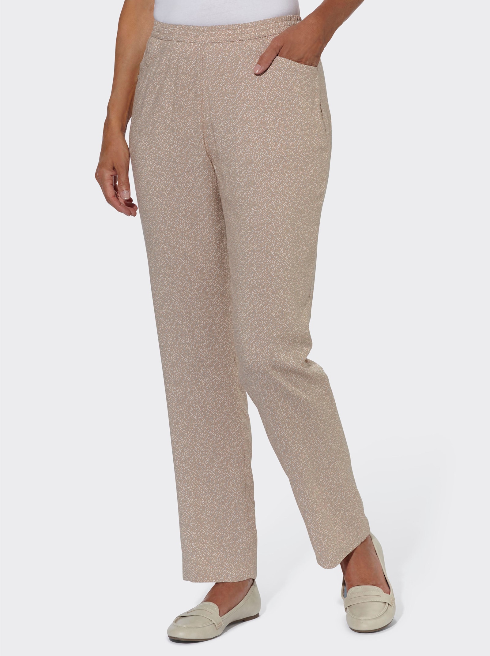 Comfortbroek van pure viscose - beige/ecru bedrukt