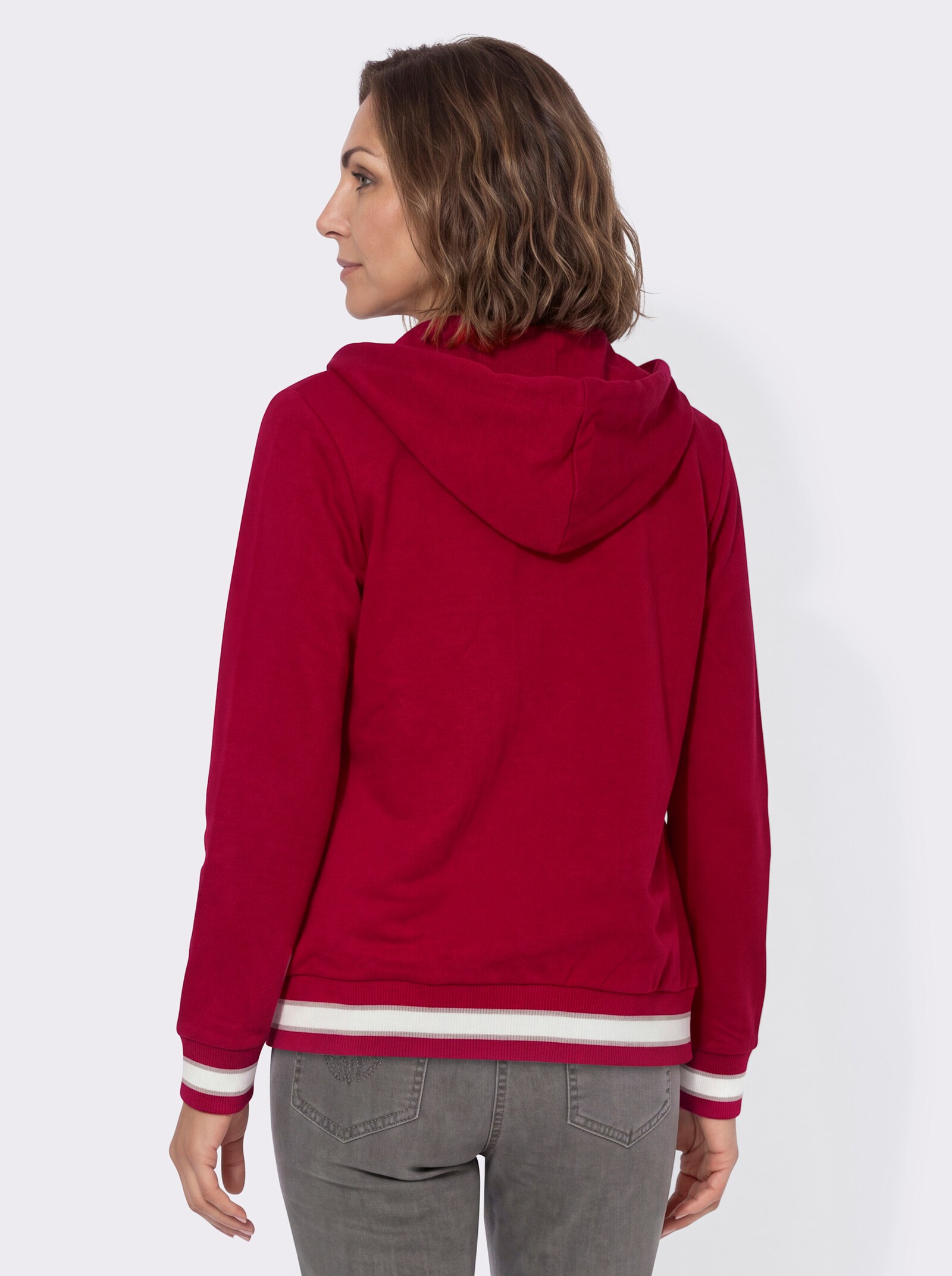 Sweatjacke mit Känguru-Tasche - rot-ecru