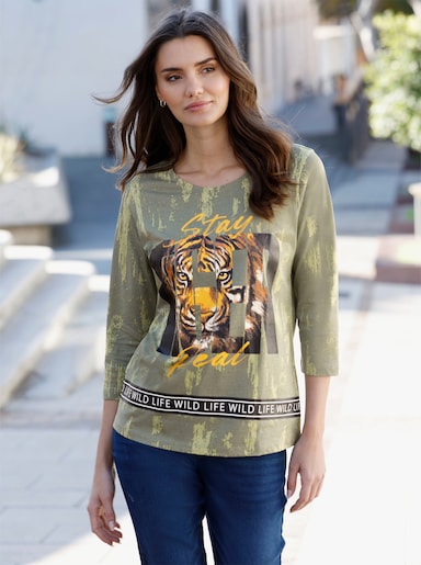 Rundhalsshirt mit Tiger-Motiv im Vorderteil - khaki-braun-bedruckt