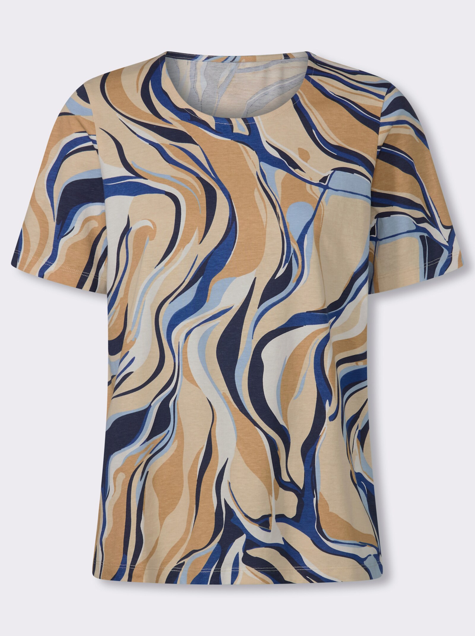 Kurzarmshirt mit Wellen-Muster, Baumwoll-Qualität - ecru-marine-bedruckt