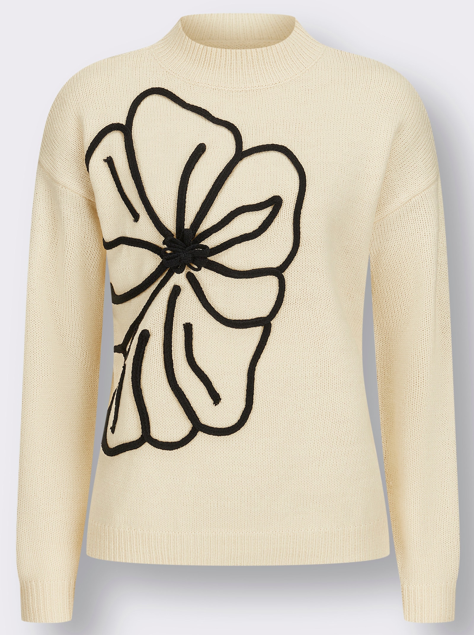 Stehkragenpullover mit Ballonärmeln, floral - champagner-schwarz-gemustert