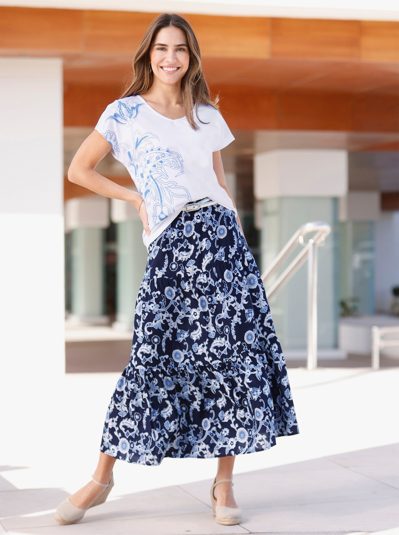 Volánová sukňa s kašmírovým vzorom - Námornícka modrá-belasá potlač