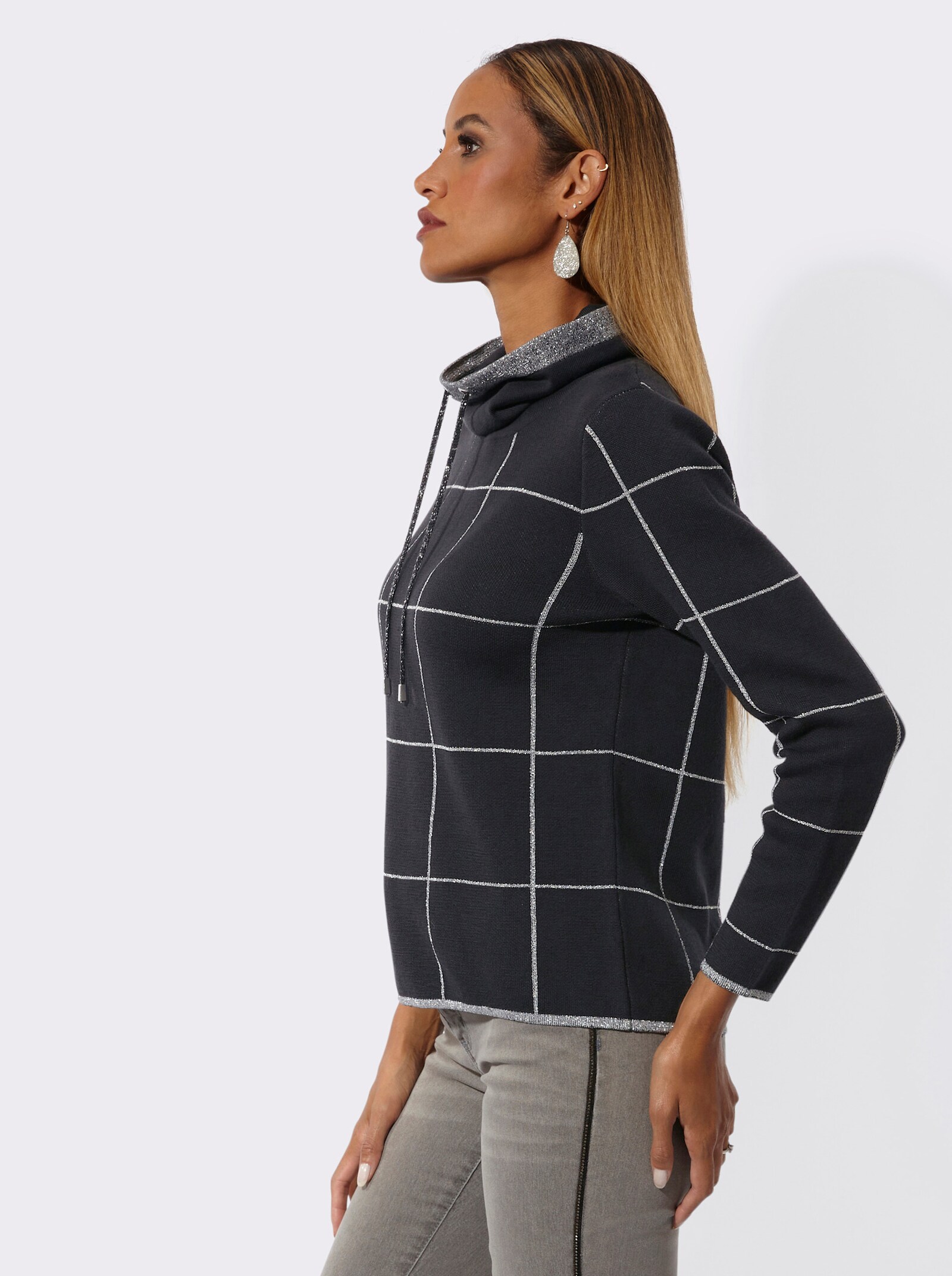 Jacquard-Pullover mit weitenregulierbarem Rollkragen - schwarz-silberfarben