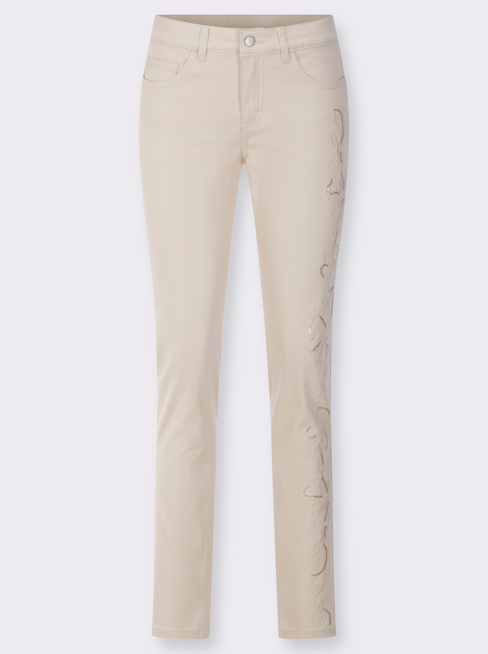 5-Pocket-Jeans mit Pailletten und Motivstickerei - elfenbein