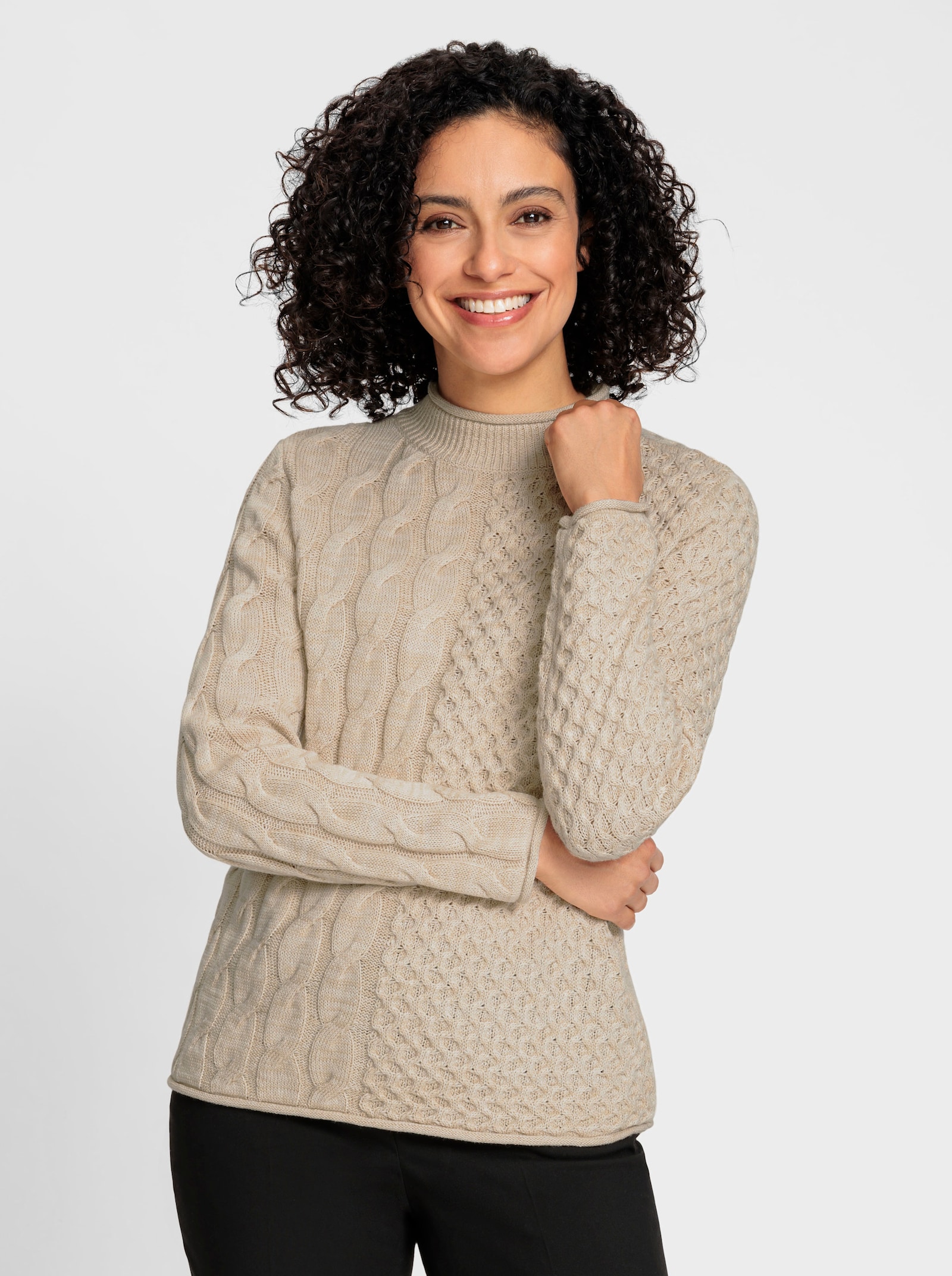 Stehkragenpullover im Strickmuster-Mix - sand