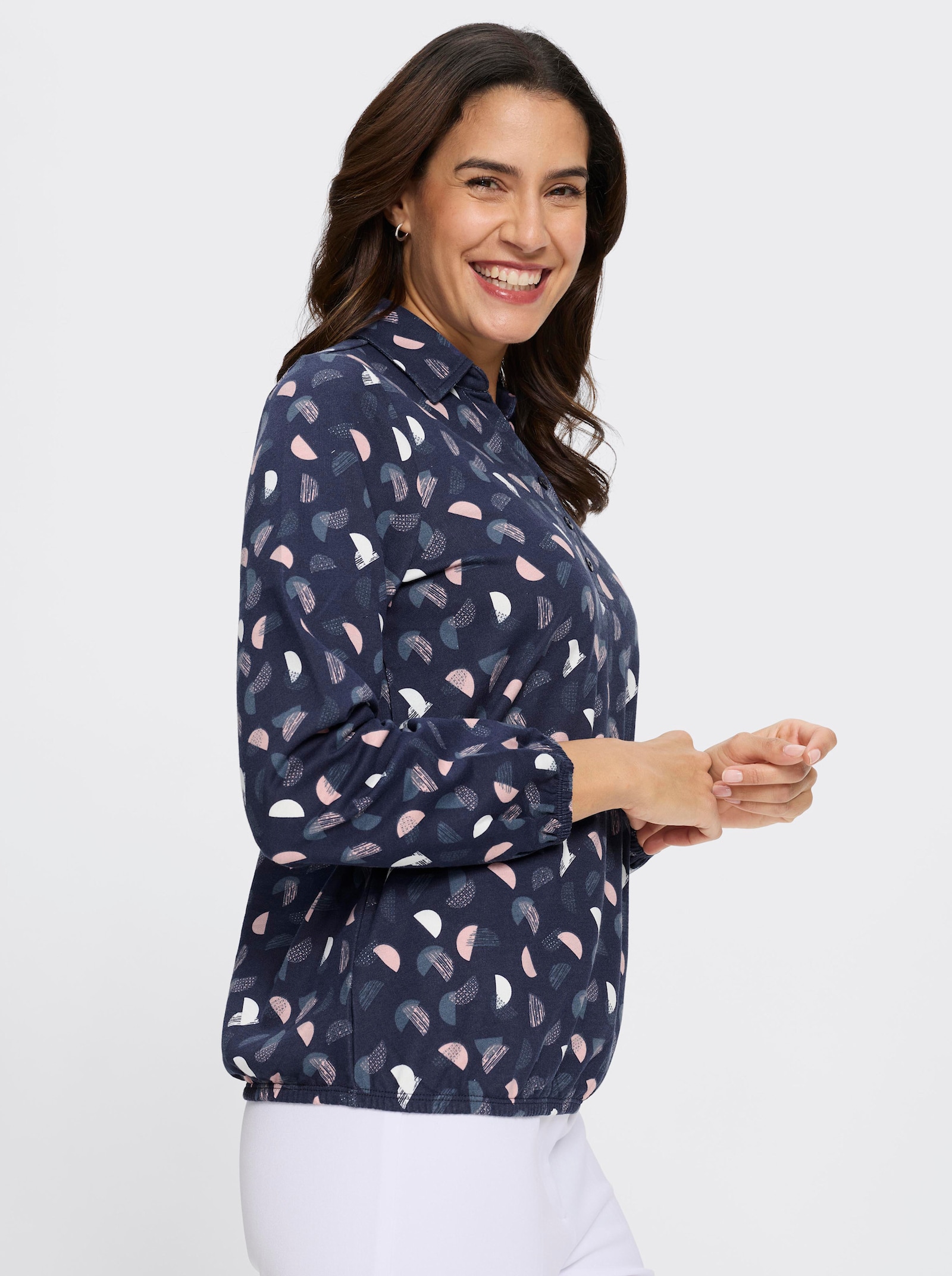 Langarm-Poloshirt mit kurzer Knopfleiste - marine-hortensie-bedruckt