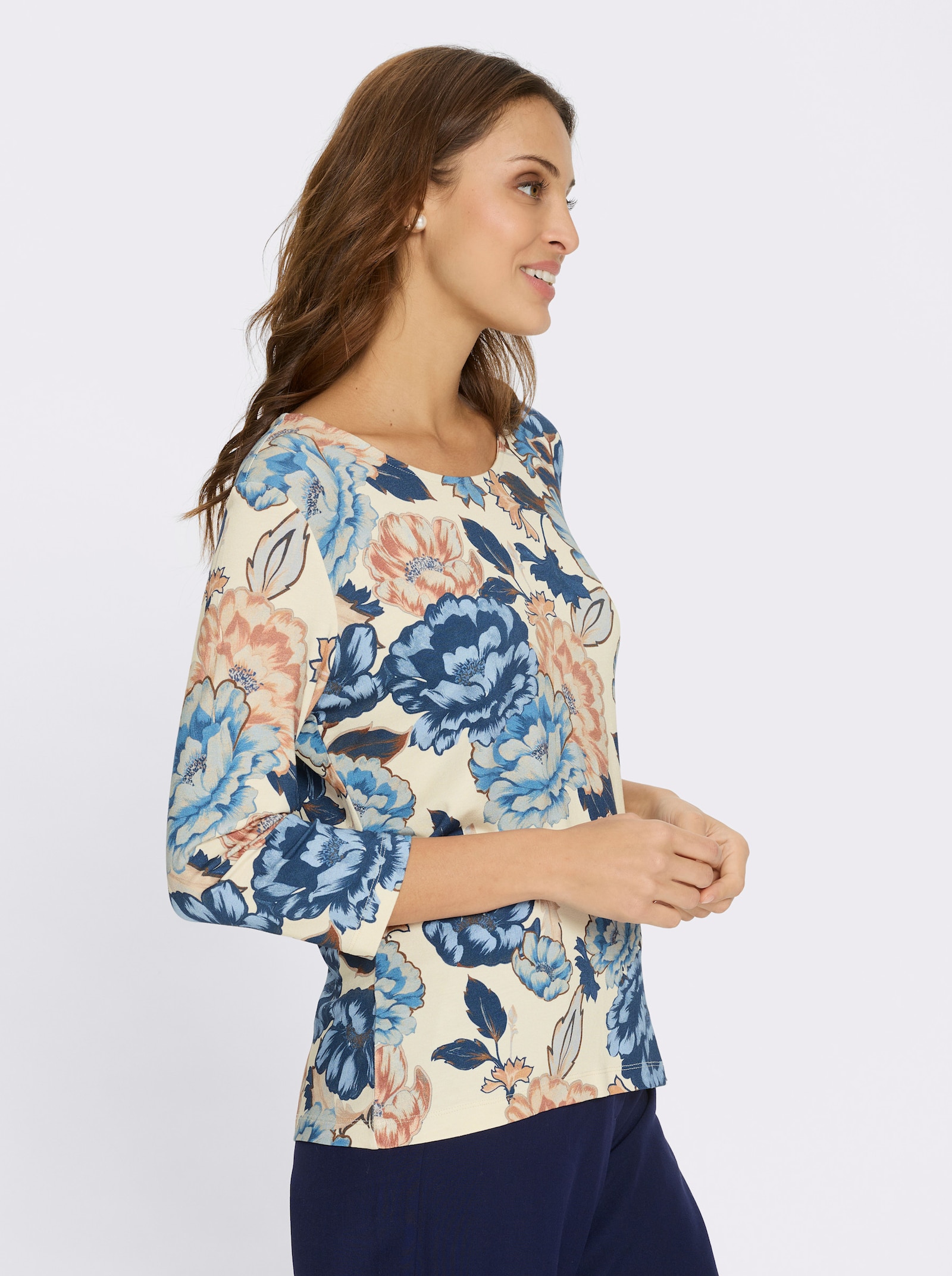 Rundhalsshirt mit Viskose - champagner-dunkelblau-bedruckt