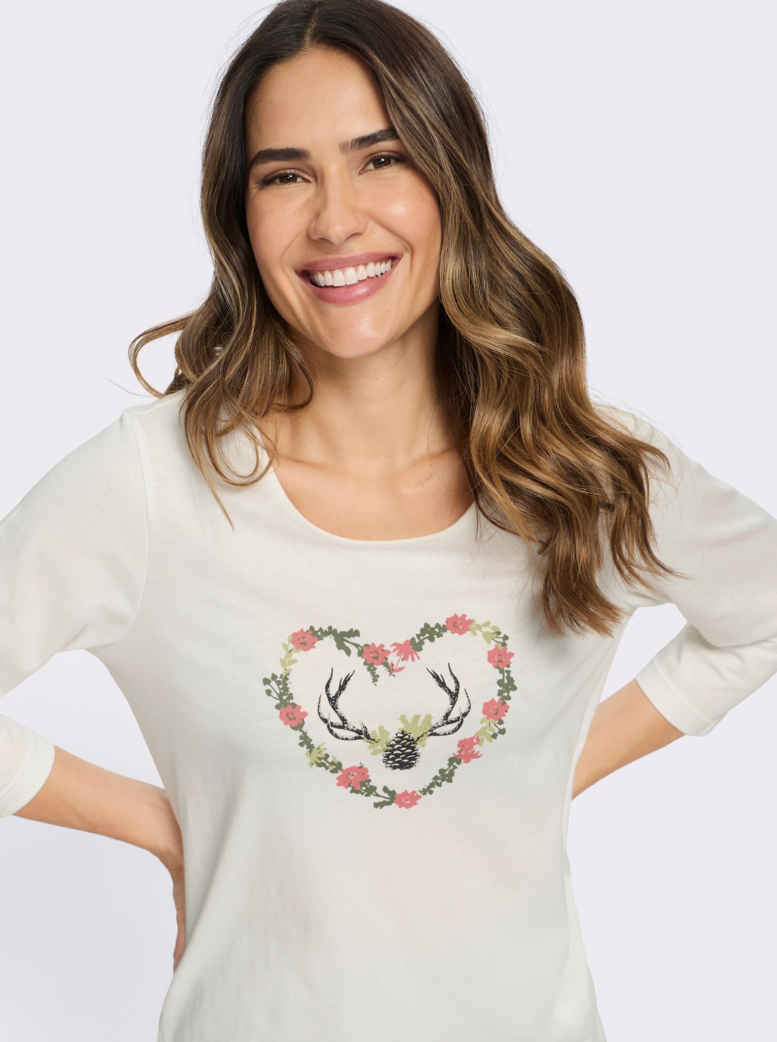 3/4-Arm-Shirt mit platziertem Druck - ecru-flamingo