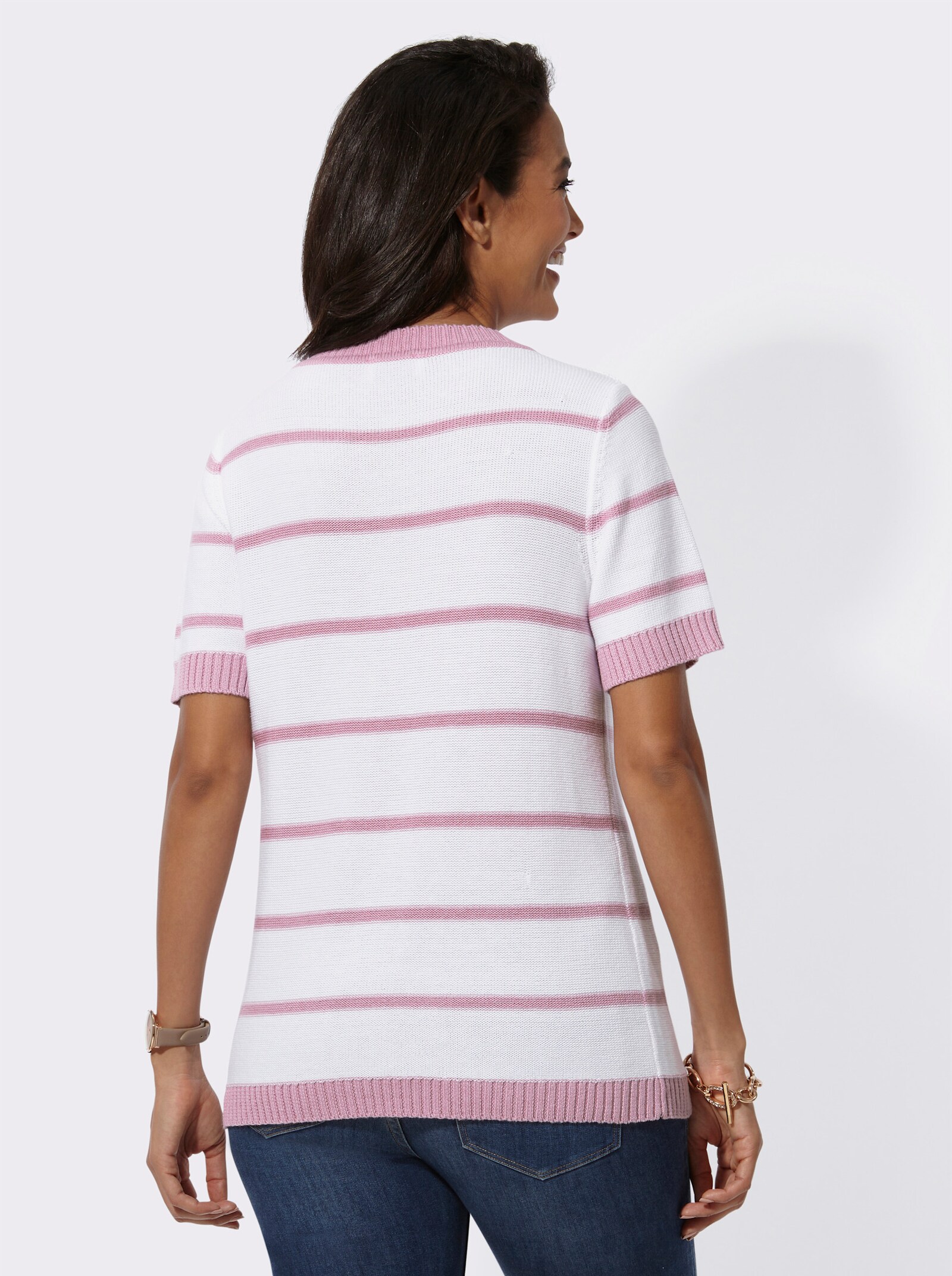 Kurzarmpullover in Linksstrick-Optik - rosé