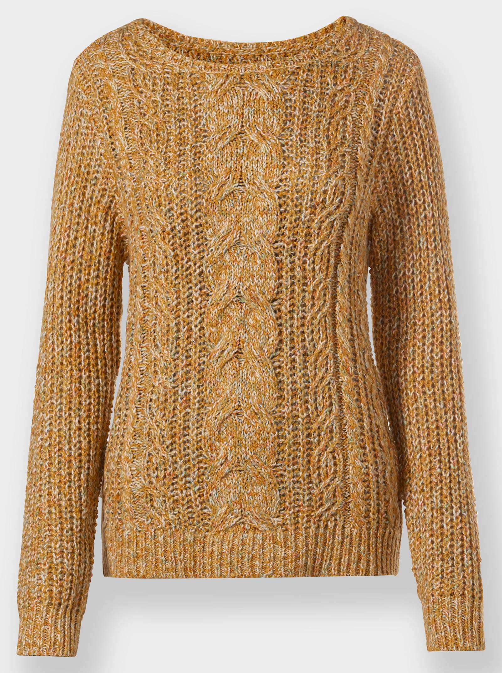 Langarm-Pullover mit Zopfmuster vorne - ocker-meliert