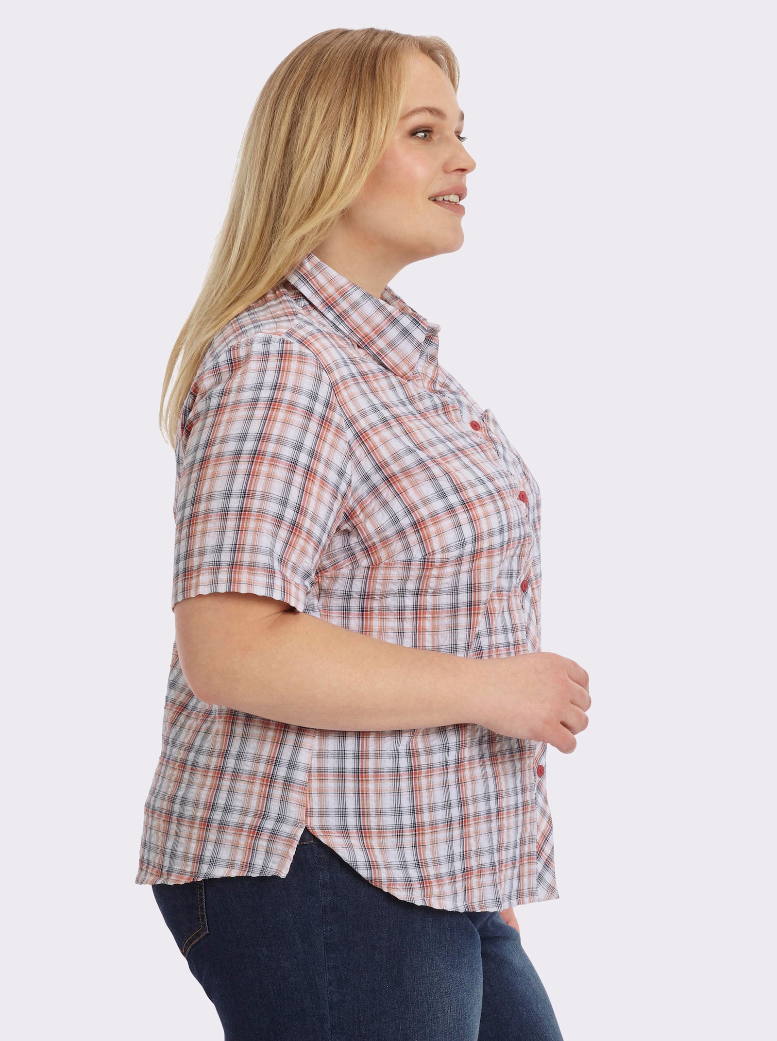 Baumwollbluse aus Seersucker - grapefruit-kariert