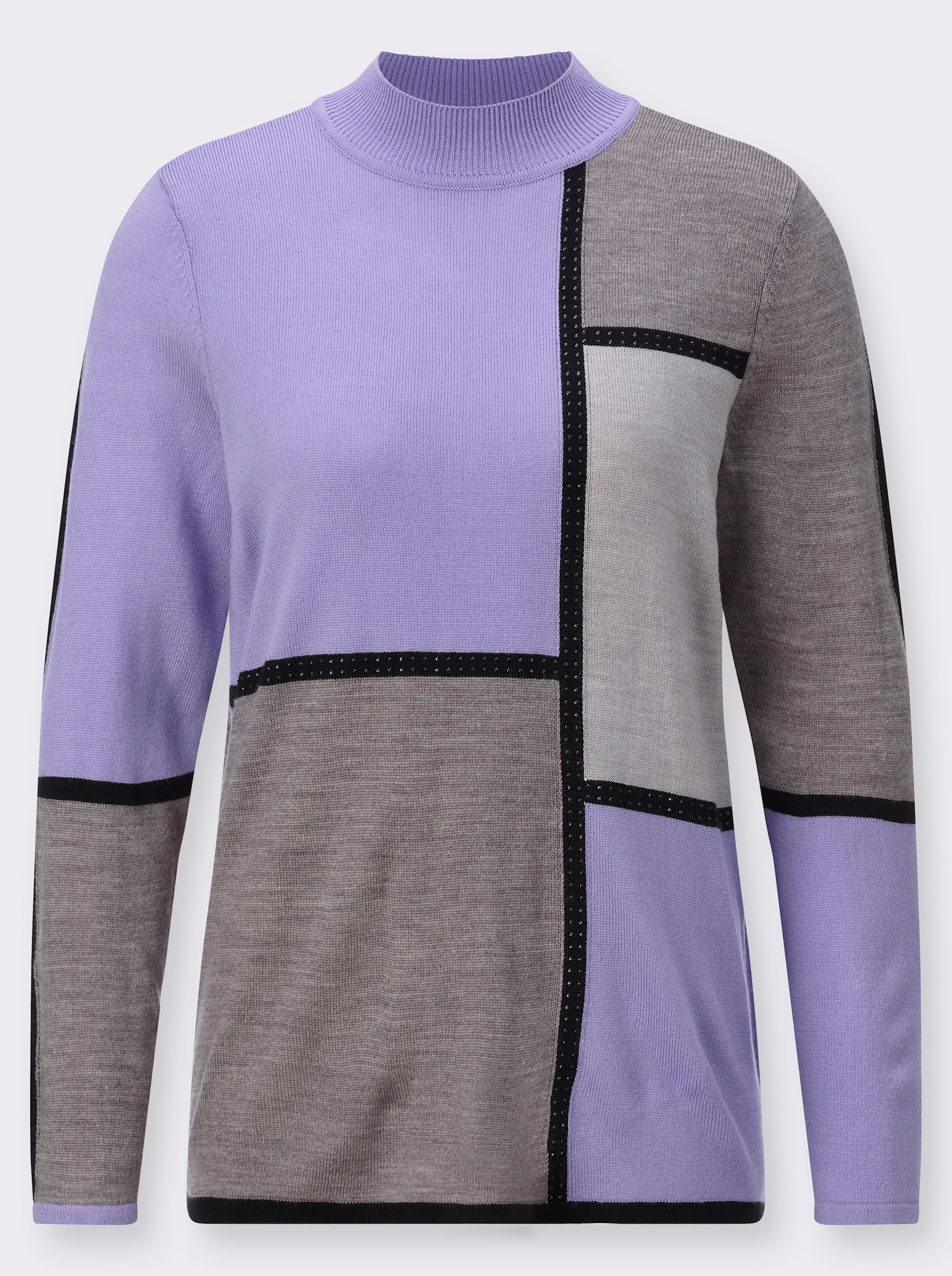 Stehkragenpullover mit grafischem Intarsienmuster - lavendel-schwarz-gemustert