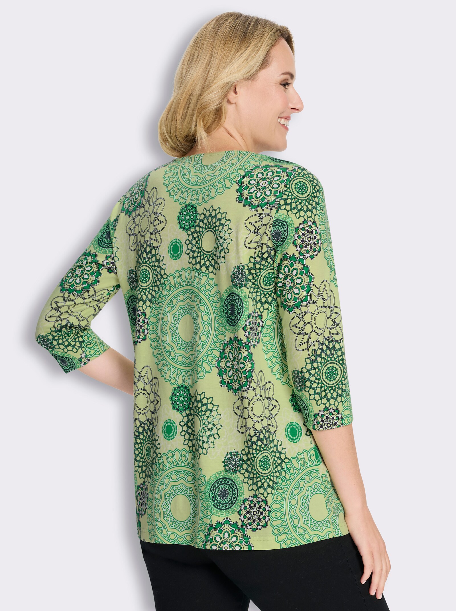 Longshirt mit Falten am Ausschnitt - pistazie-grasgrün-bedruckt