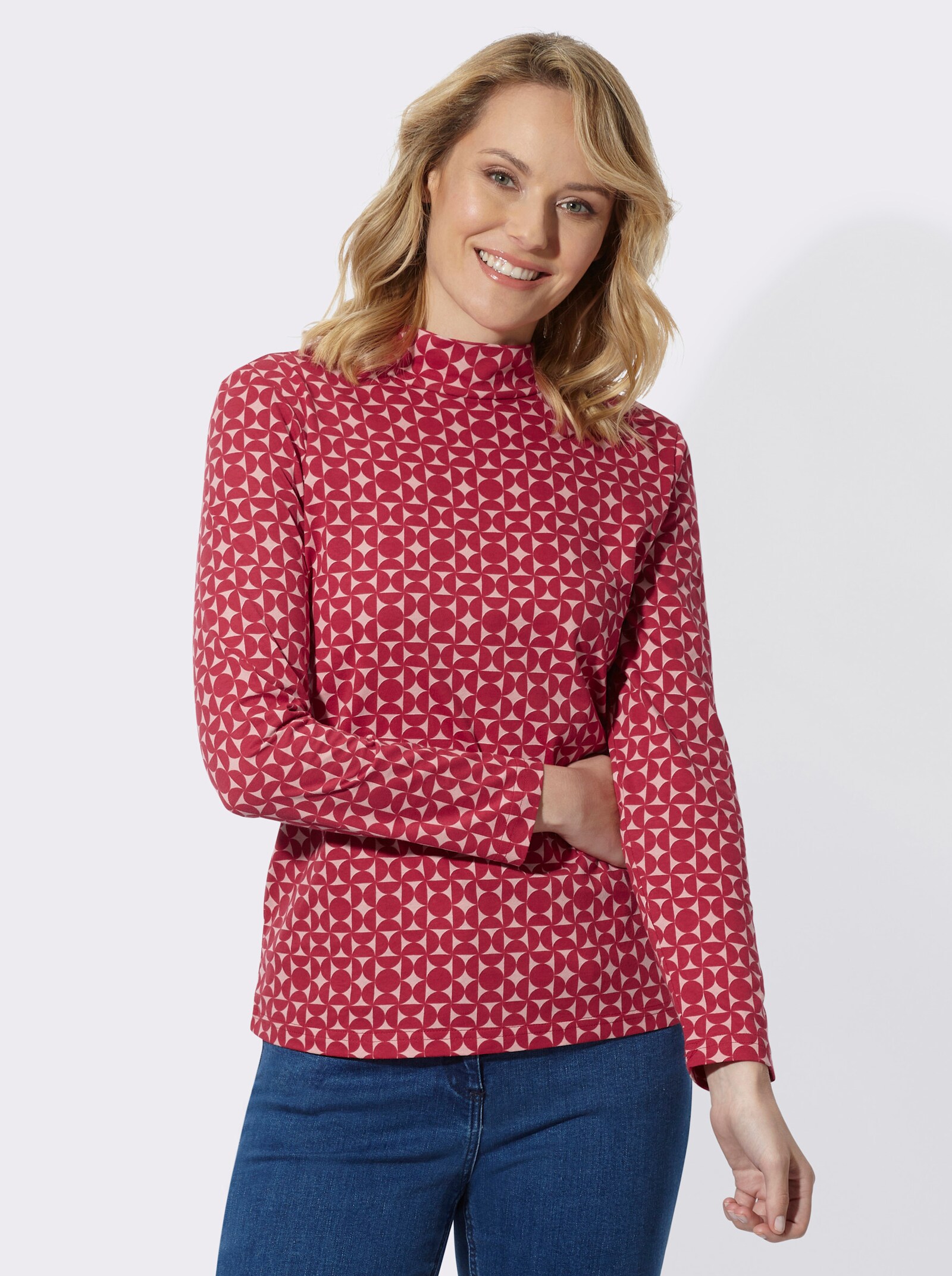 Stehkragenshirt mit Minimalmuster - rot-rosenquarz-bedruckt