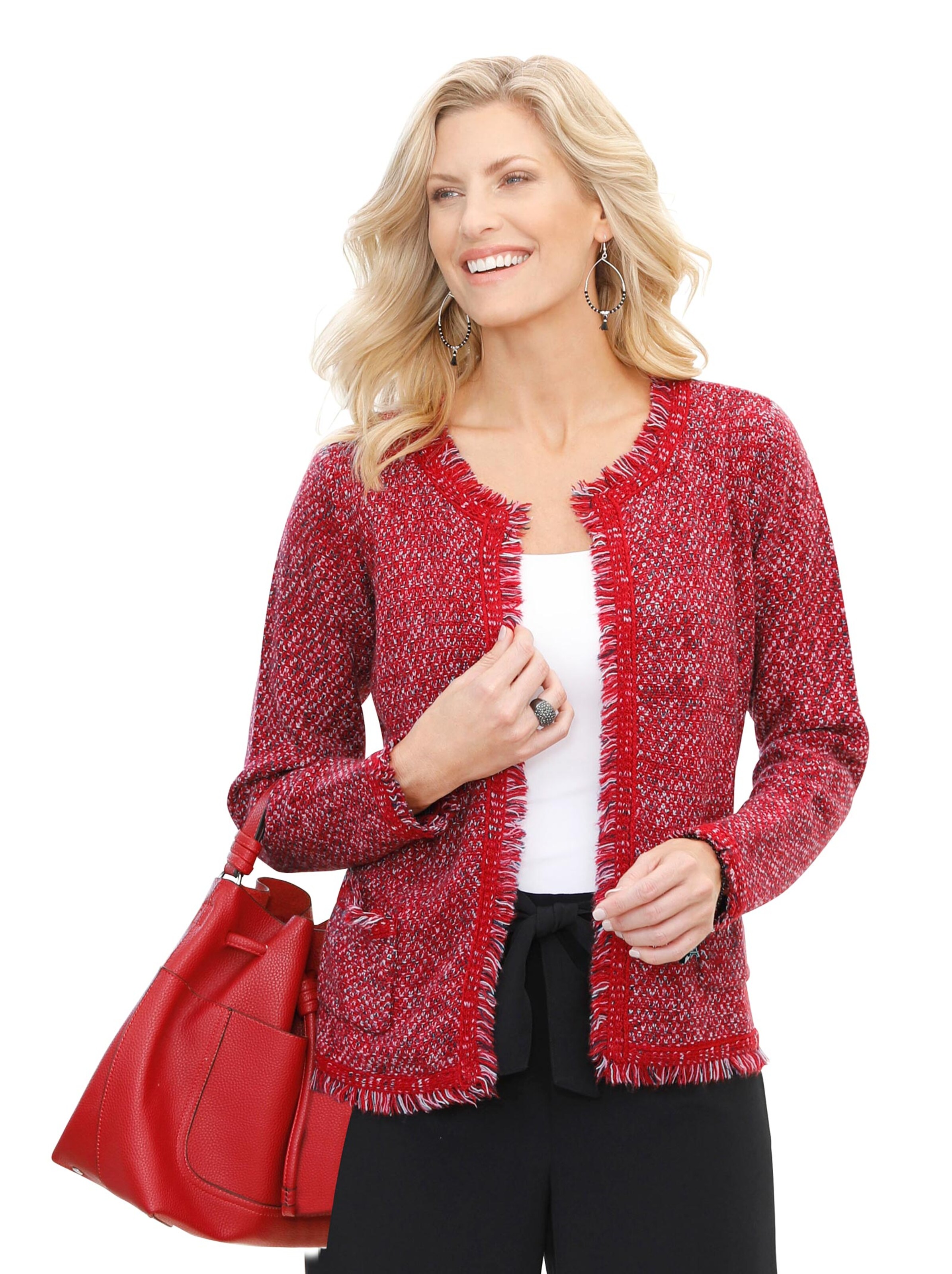 Strickjacke - rot-ecru-gemustert