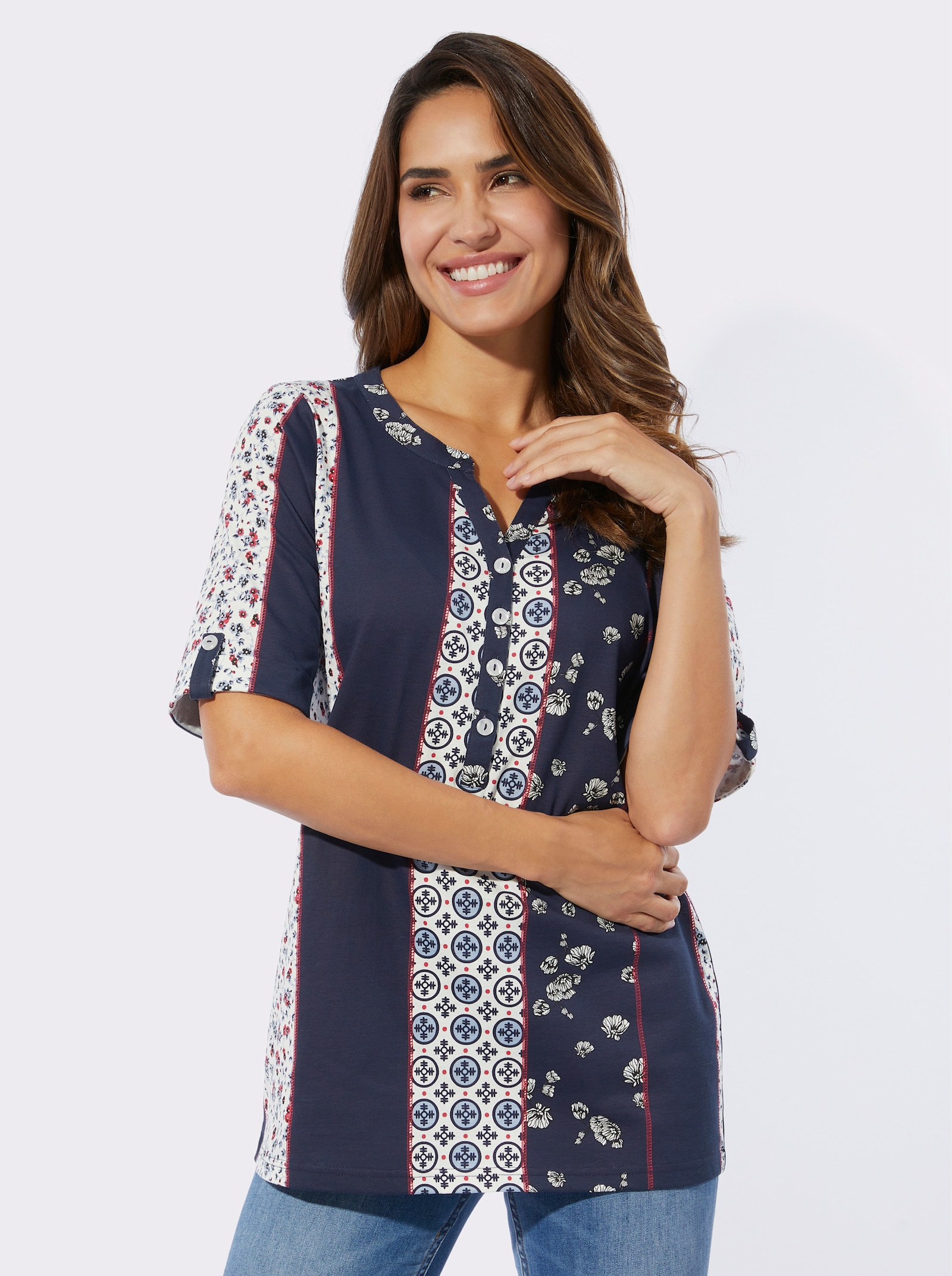 Kurzarmshirt mit etwas längerem Halbarm - marine-erdbeere-bedruckt