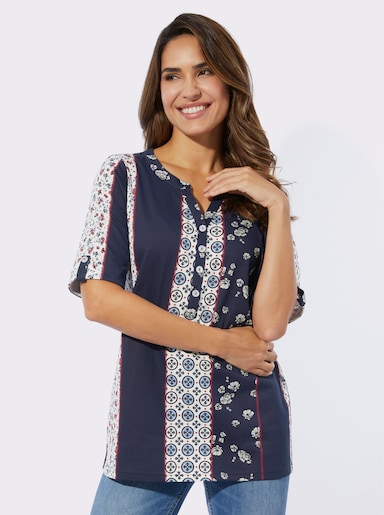 Kurzarmshirt mit etwas längerem Halbarm - marine-erdbeere-bedruckt