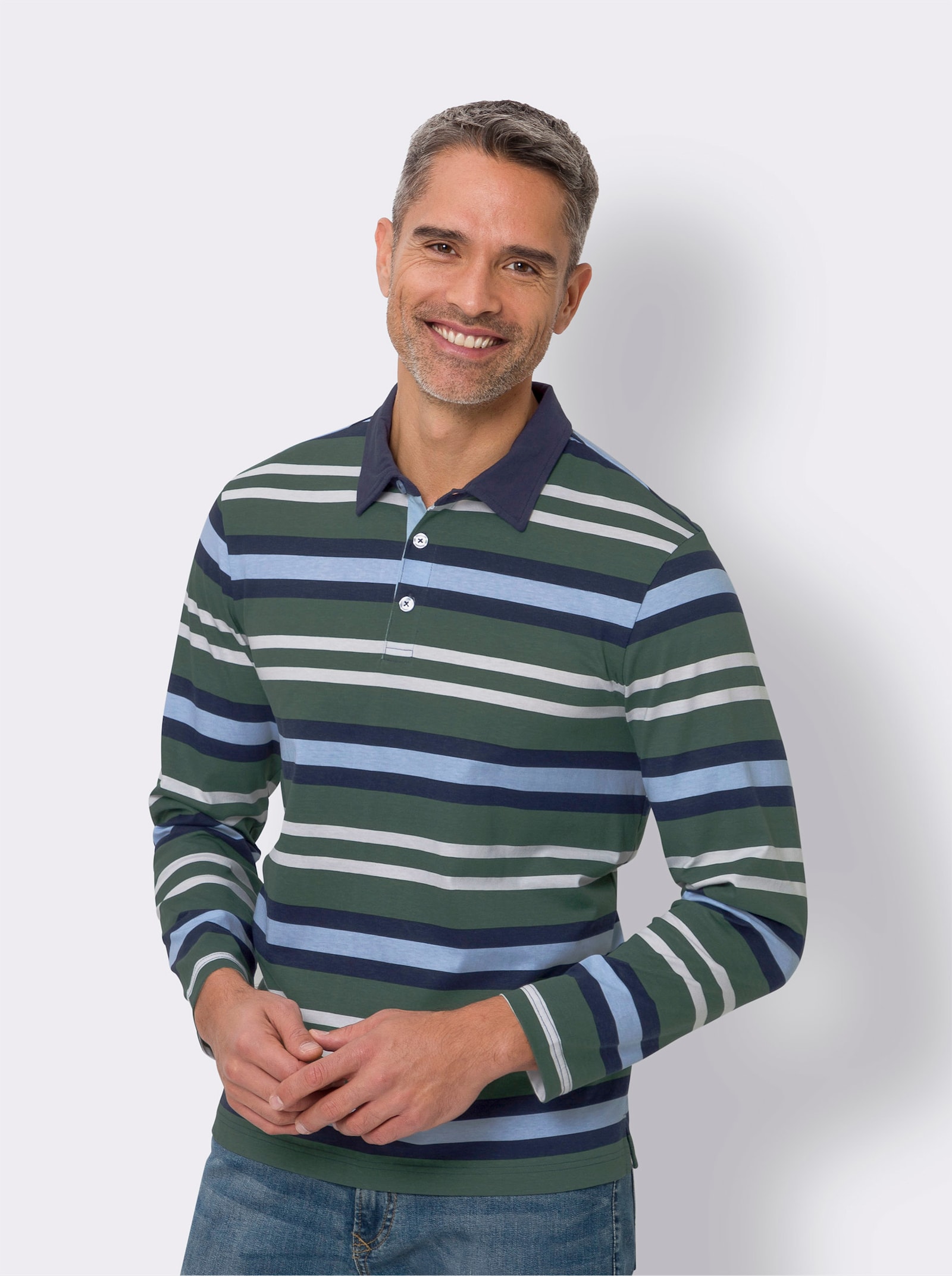 Poloshirt met lange mouwen en streepjeslook - mos-ijsblauw gestreept