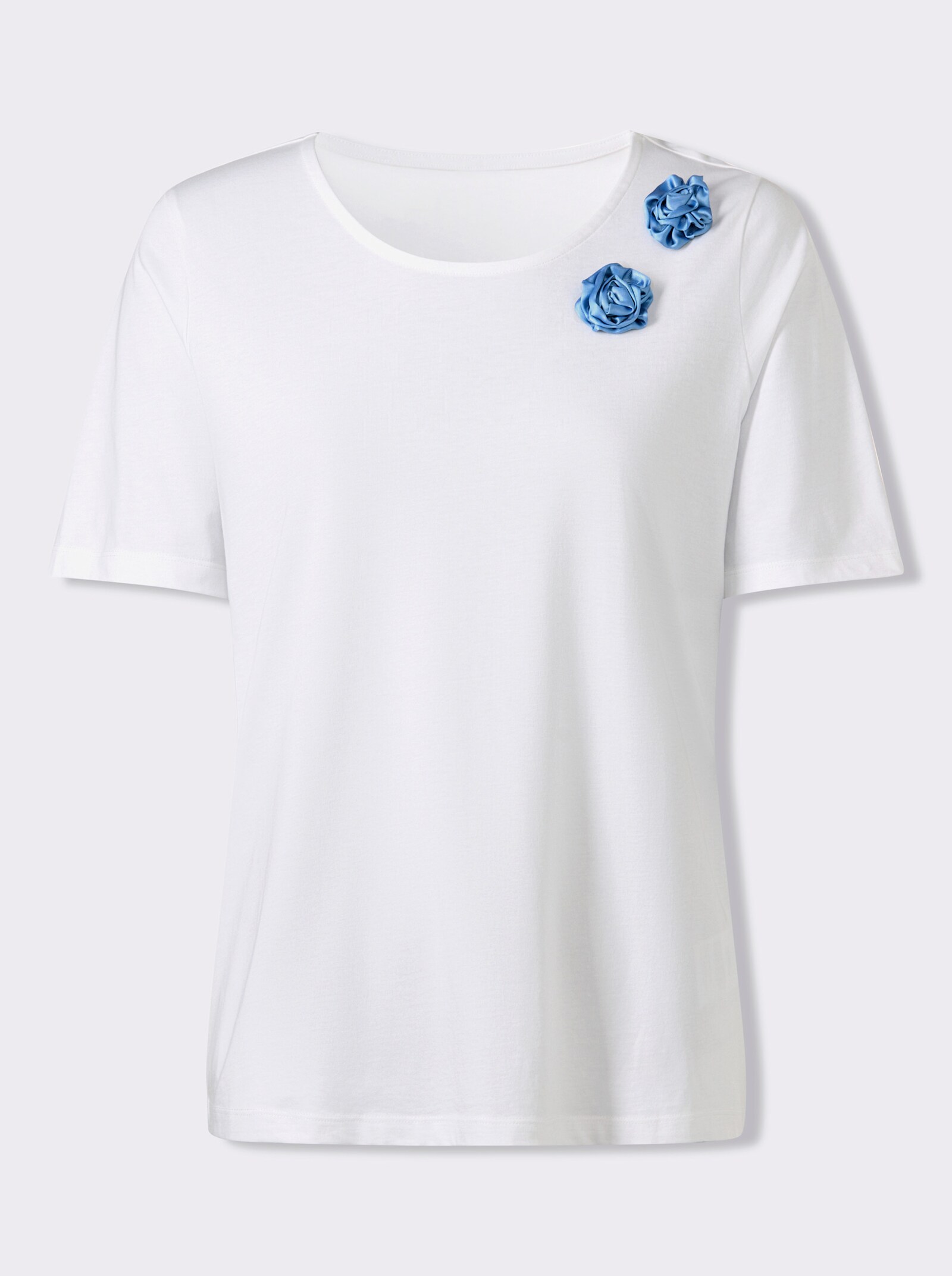 Kurzarmshirt mit kontrastfarbigen 3D-Blüten - ecru-mittelblau
