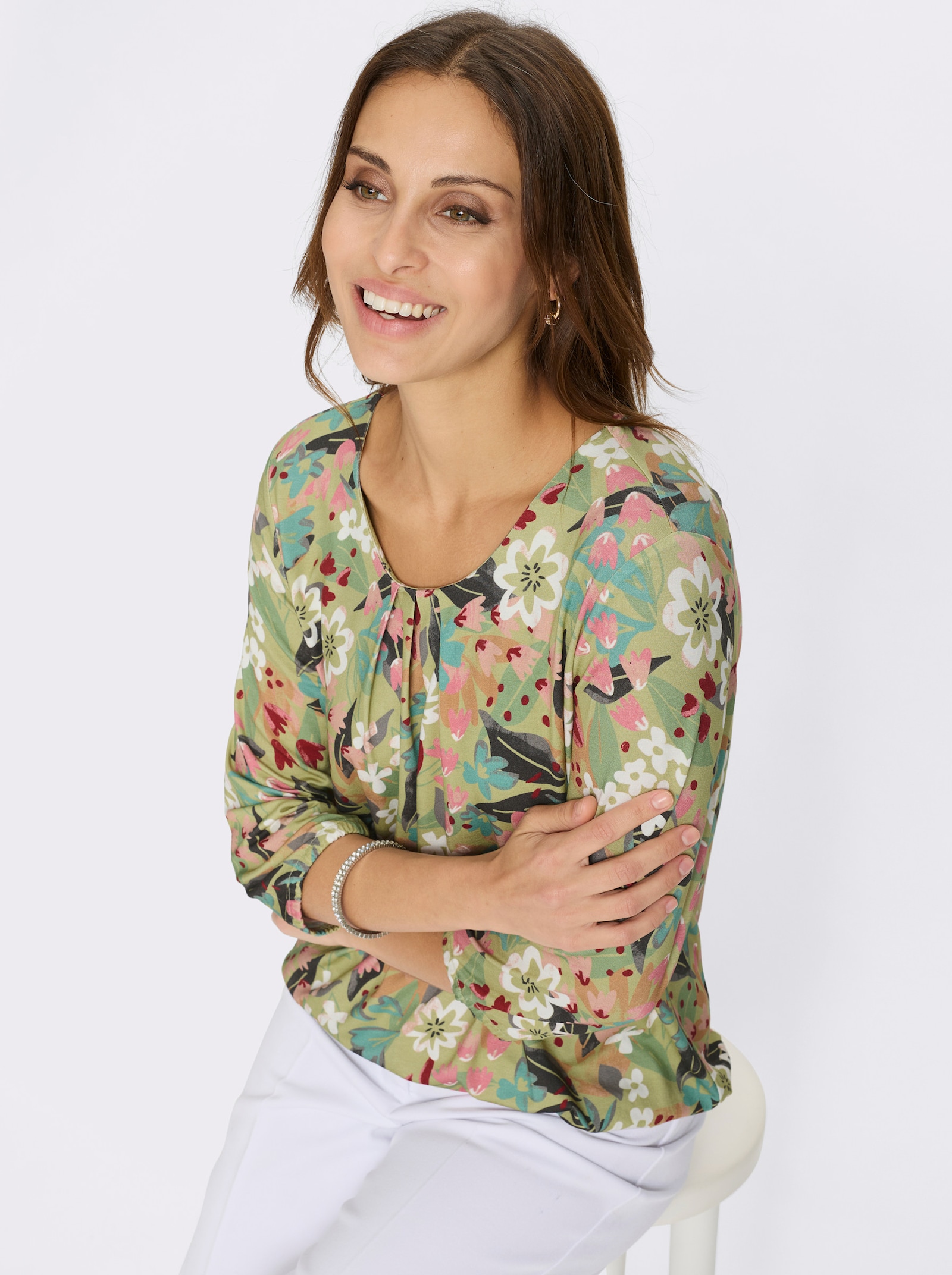 Rundhalsshirt im Blüten-Dessin - kalkmint-salbei-bedruckt