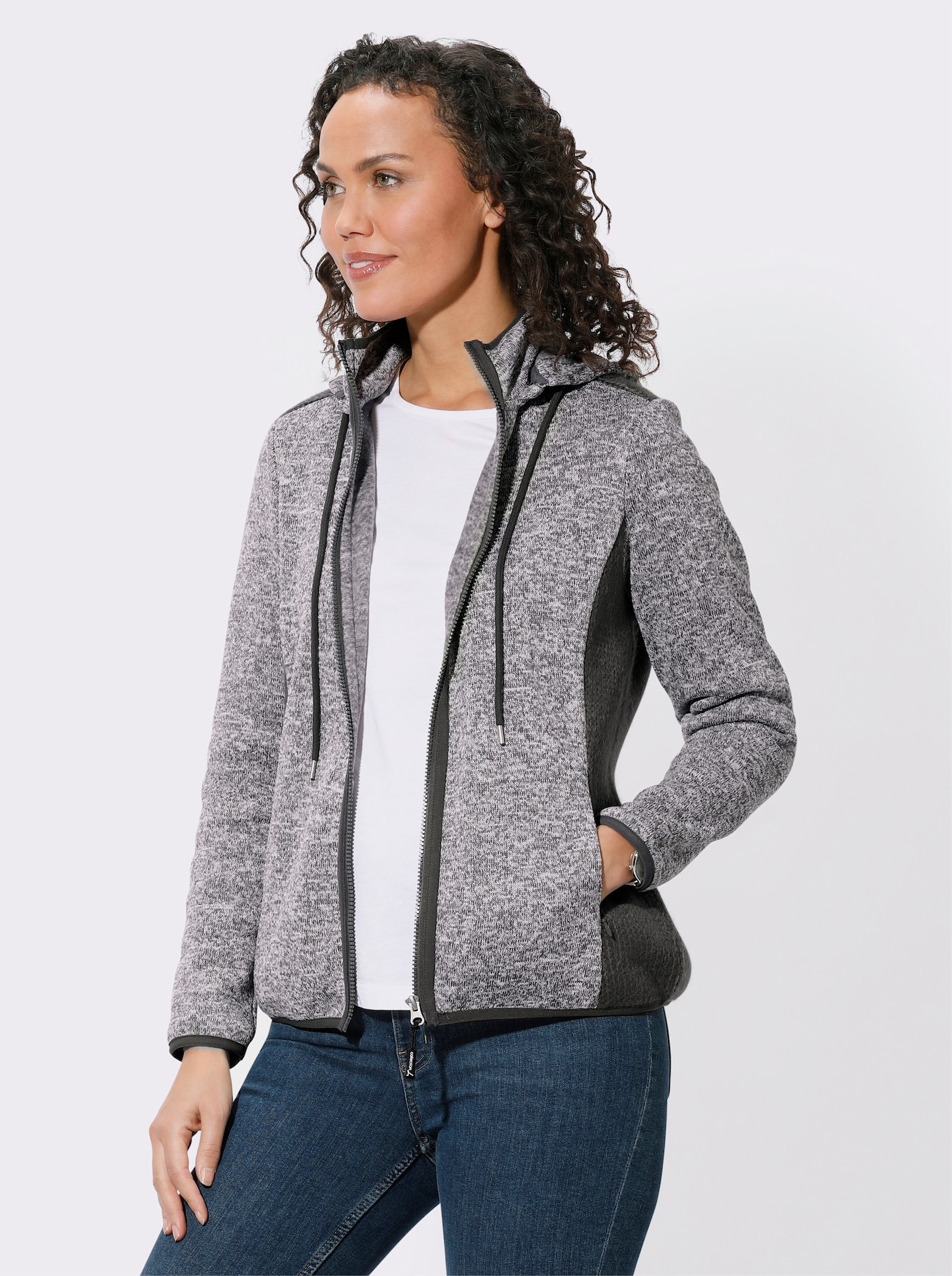 Strickfleecejacke mit seitlichen Strick-Einsätzen - anthrazit-meliert