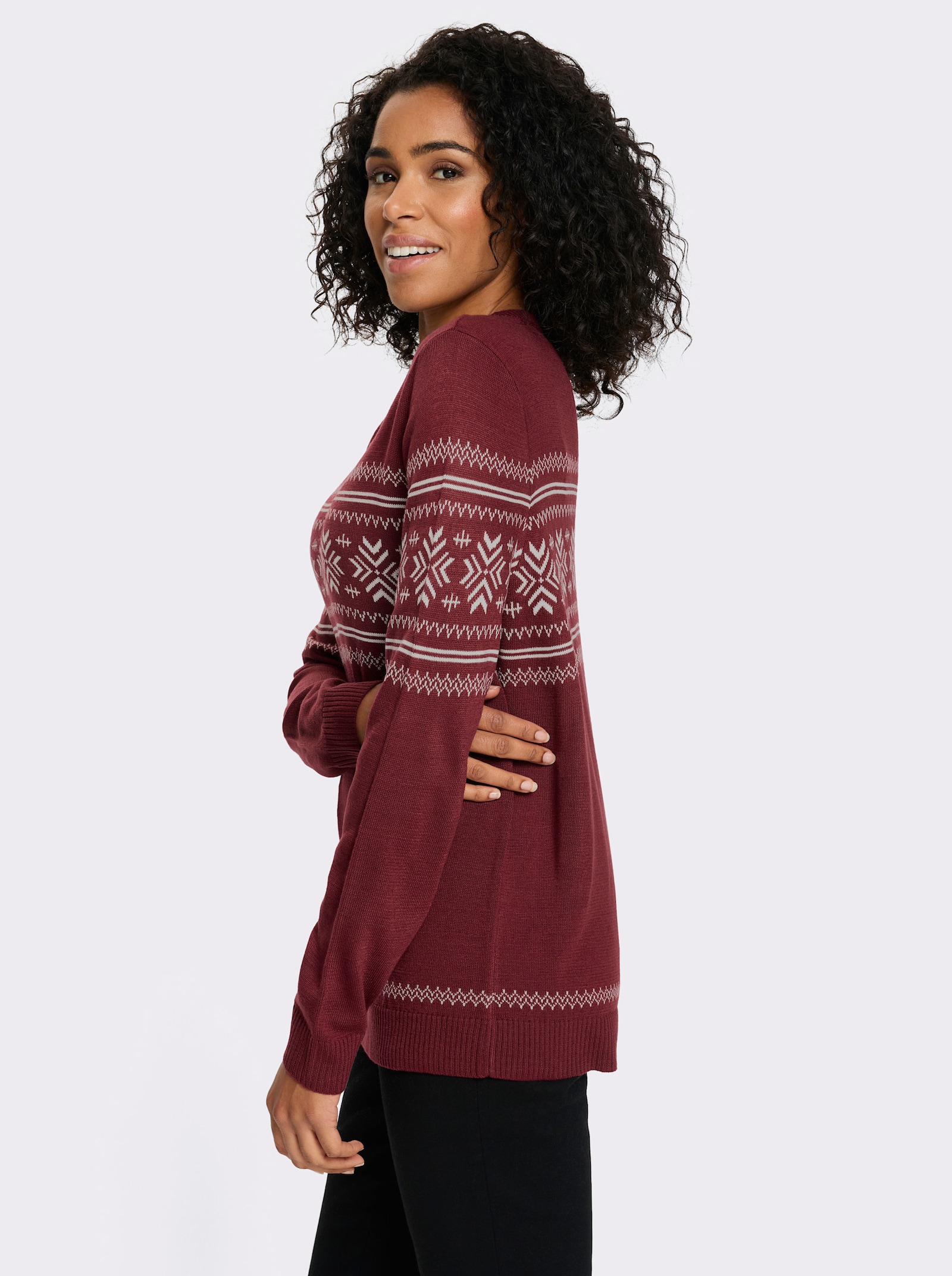 Langarm-Pullover mit Jacquardmuster - dunkelrot-ecru