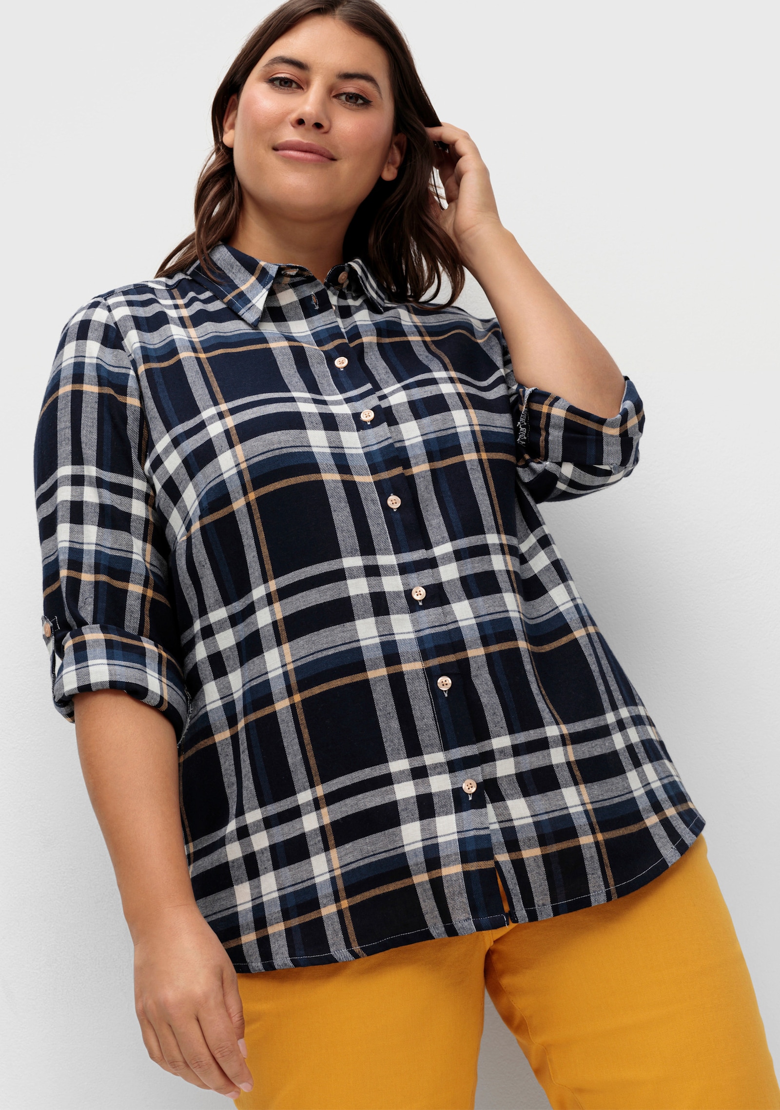 Flanellbluse mit krempelbaren Ärmeln - marine-camel-kariert