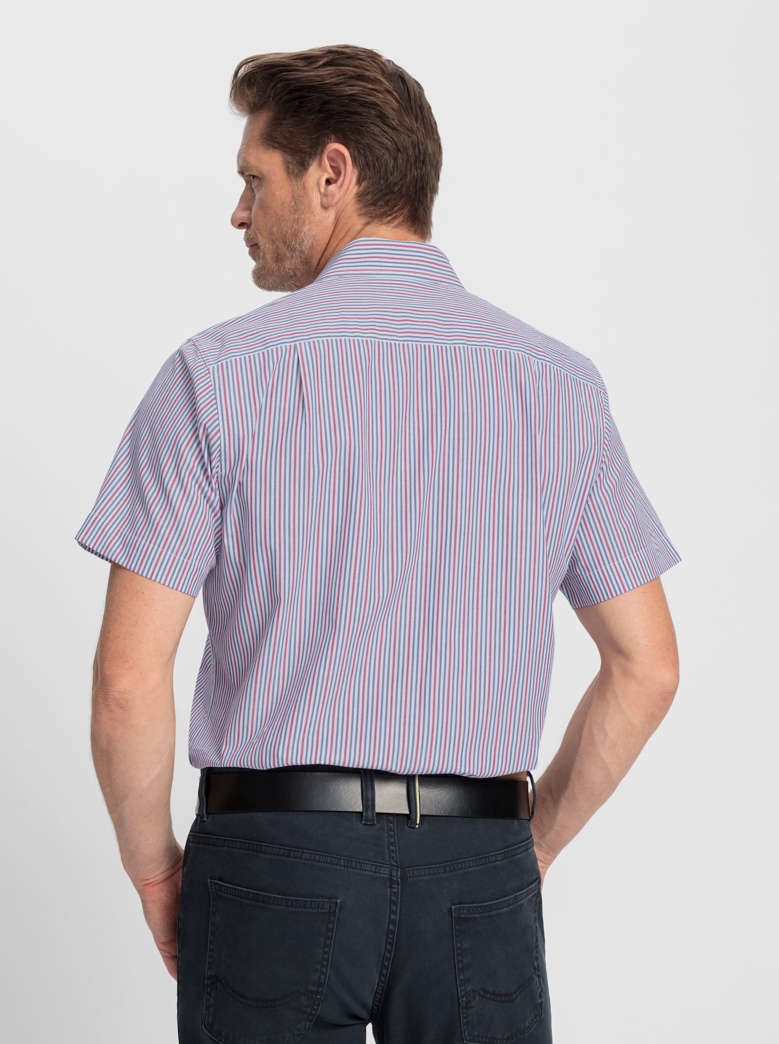 Marco Donati Kurzarmhemd garngefärbt und bügelfrei - jeansblau-erdbeere-gestreift