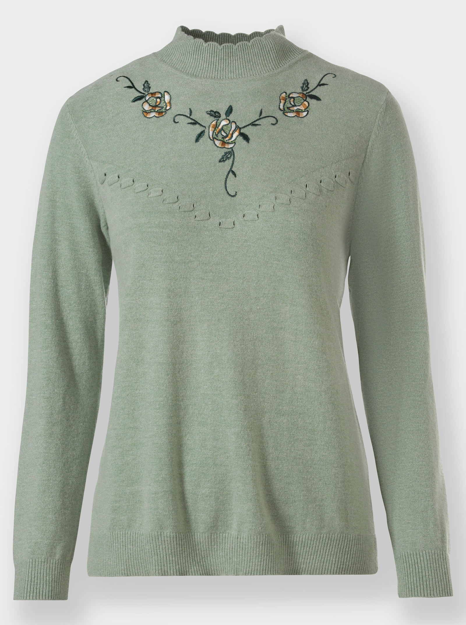 Stehkragenpullover mit Stickerei - eucalyptus-meliert