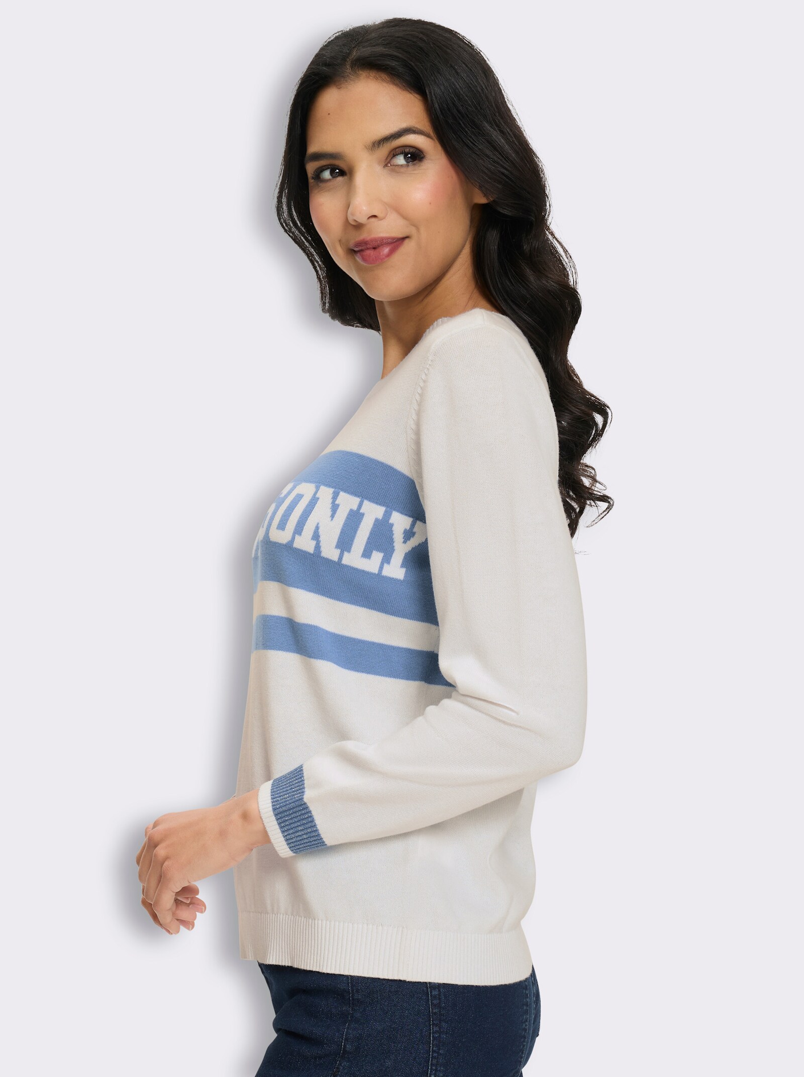 Langarm-Pullover mit Schriftzug - ecru-mittelblau