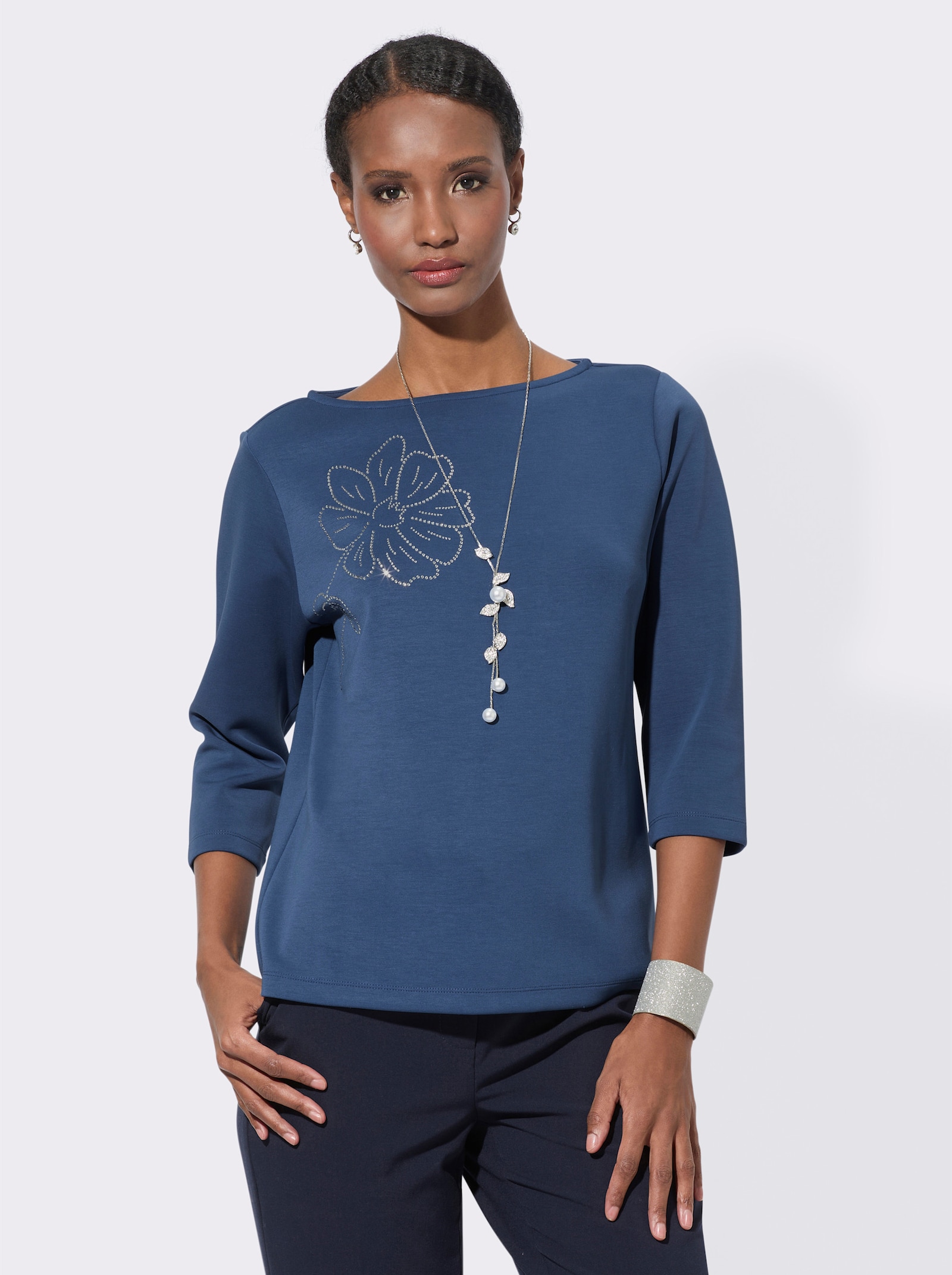 3/4-Arm-Shirt mit Blumen-Applikation - jeansblau