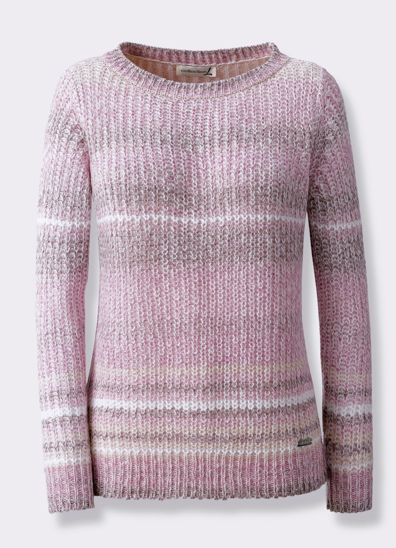 Langarm-Pullover im Grobstrick - taupe-orchidee-gestreift