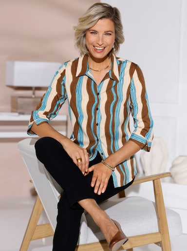 Crêpebluse mit Manschetten - schoko-topas-bedruckt