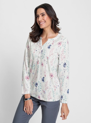 Langarmshirt mit kleiner Knopfleiste - ecru-mauve-bedruckt