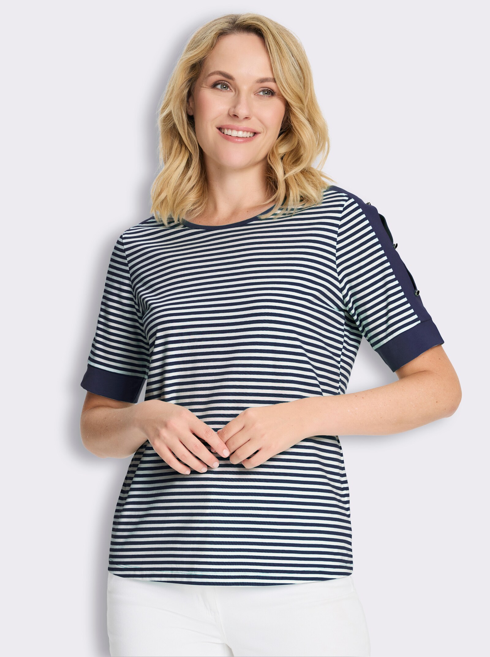 Kurzarmshirt mit Zierknöpfen - marine-ecru-geringelt