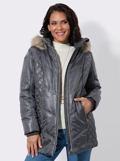 Steppjacke mit Kapuze mit Pelz-Imitat - anthrazit