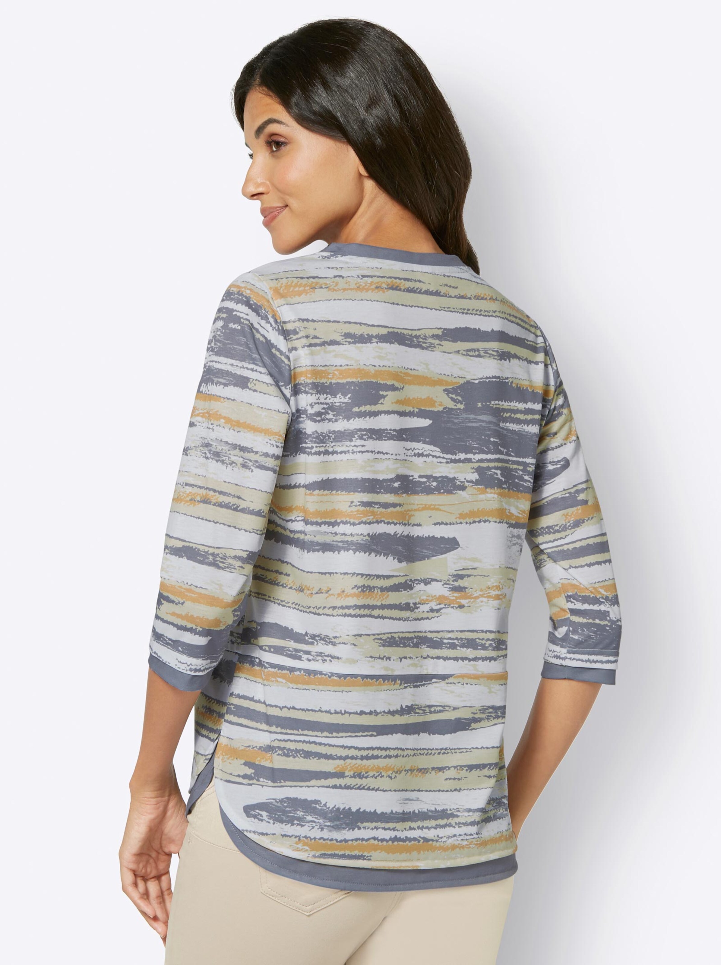 Damenmode Shirts 3/4-Arm-Shirt in grau-zitrone-bedruckt 