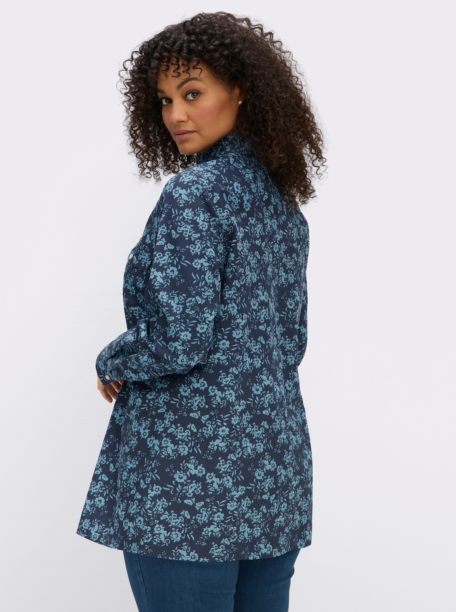 sheego by Joe Browns Druckbluse aus Cord, mit Rüschen-Details - dunkelblau-aquamarin-gemustert