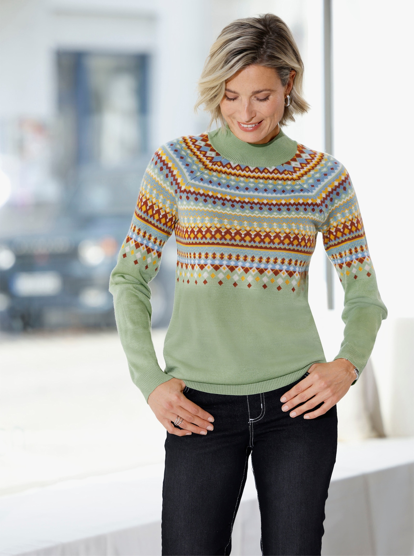 Norwegerpullover mit Raglan-Ärmeln - eucalyptus-ocker-gemustert