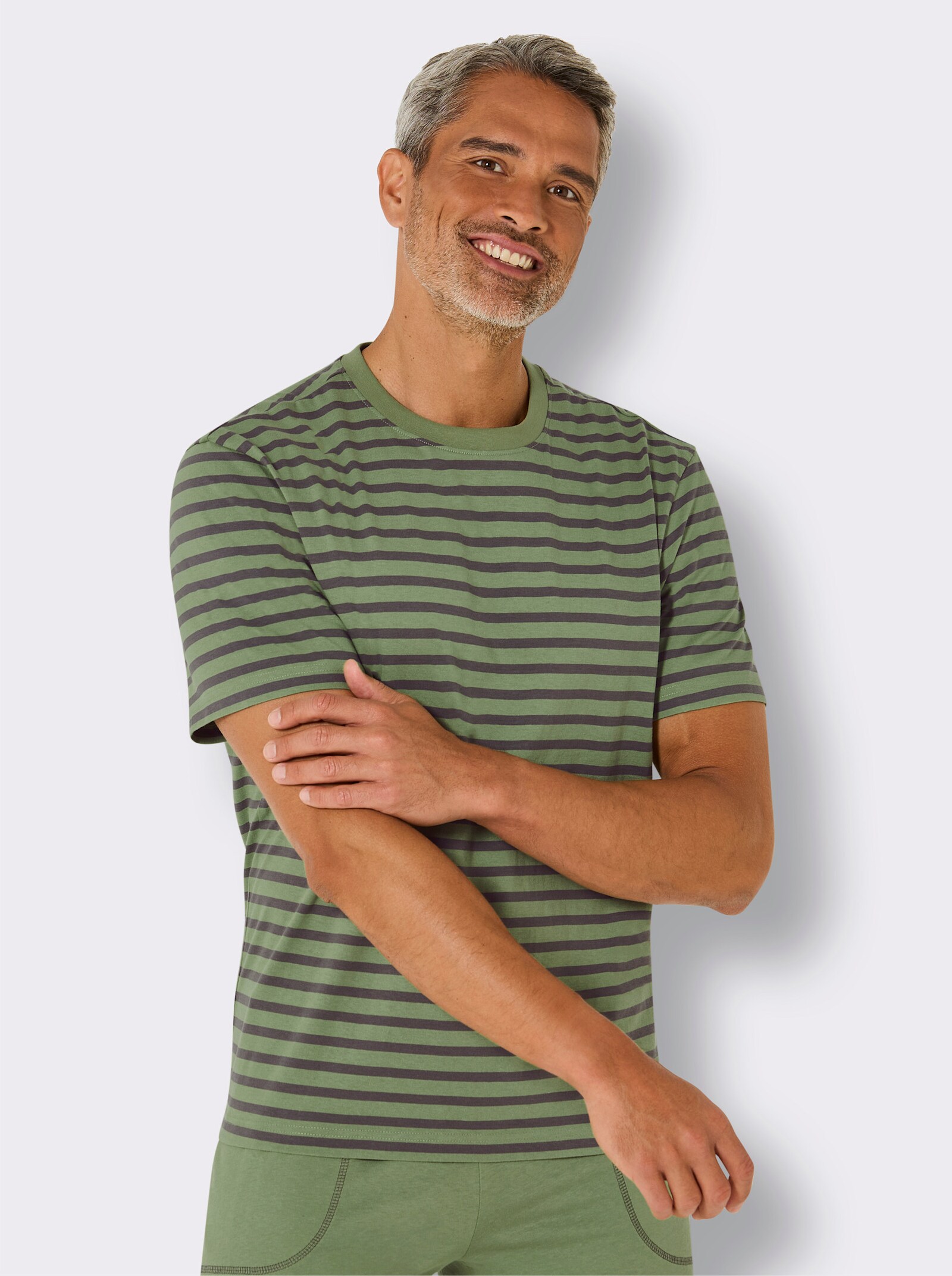 wäschepur men Schlafanzug-Shirt - eucalyptus-anthrazit-gestreift