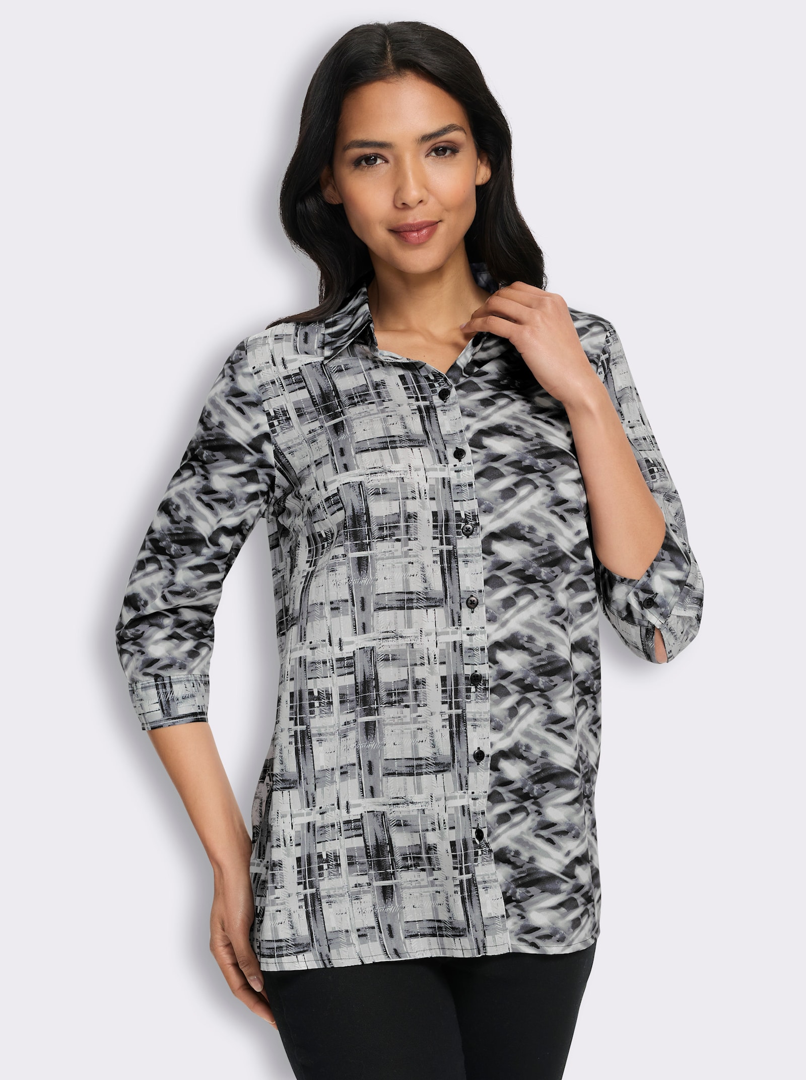 Longbluse in leichter A-Linie - ecru-schwarz-bedruckt