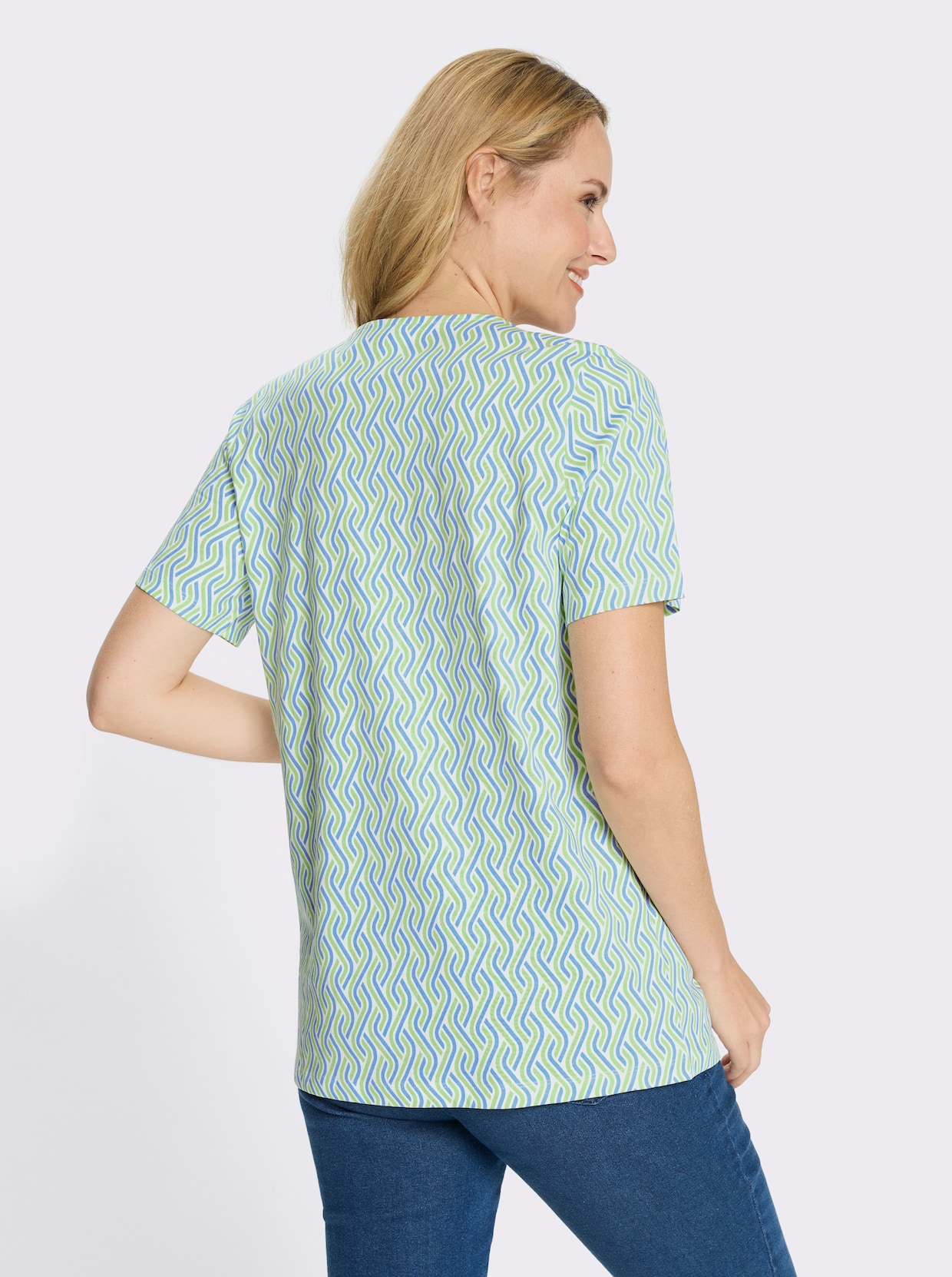 Longshirt in A-Linie - himmelblau-reseda-bedruckt