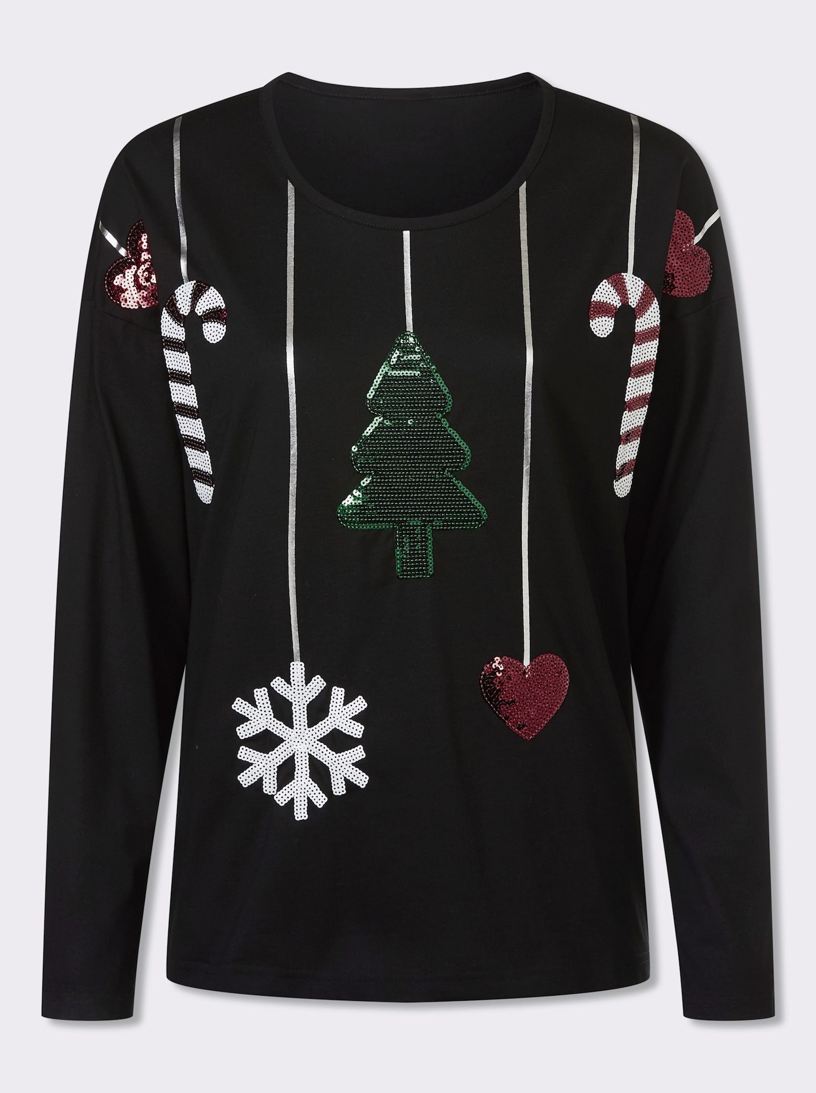 Rundhalsshirt mit Weihnachtsmotiv mit Pailletten - schwarz