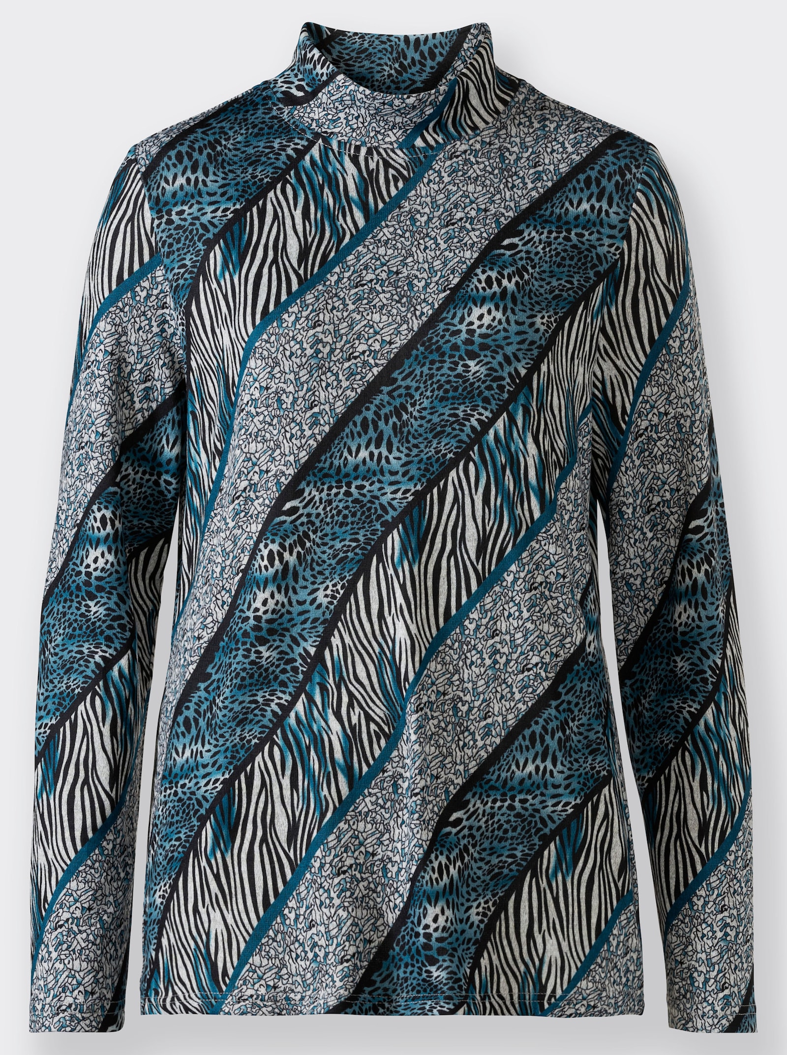 Langarmshirt mit Stehkragen - aquapetrol-schwarz-bedruckt